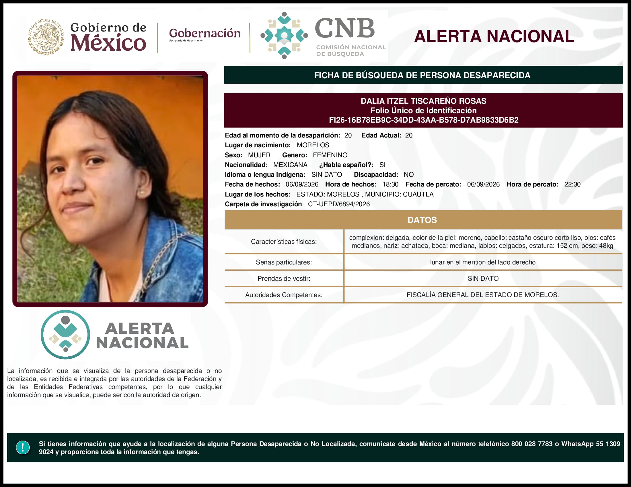 Persona desaparecida Dalia Itzel Tiscareno Rosas
