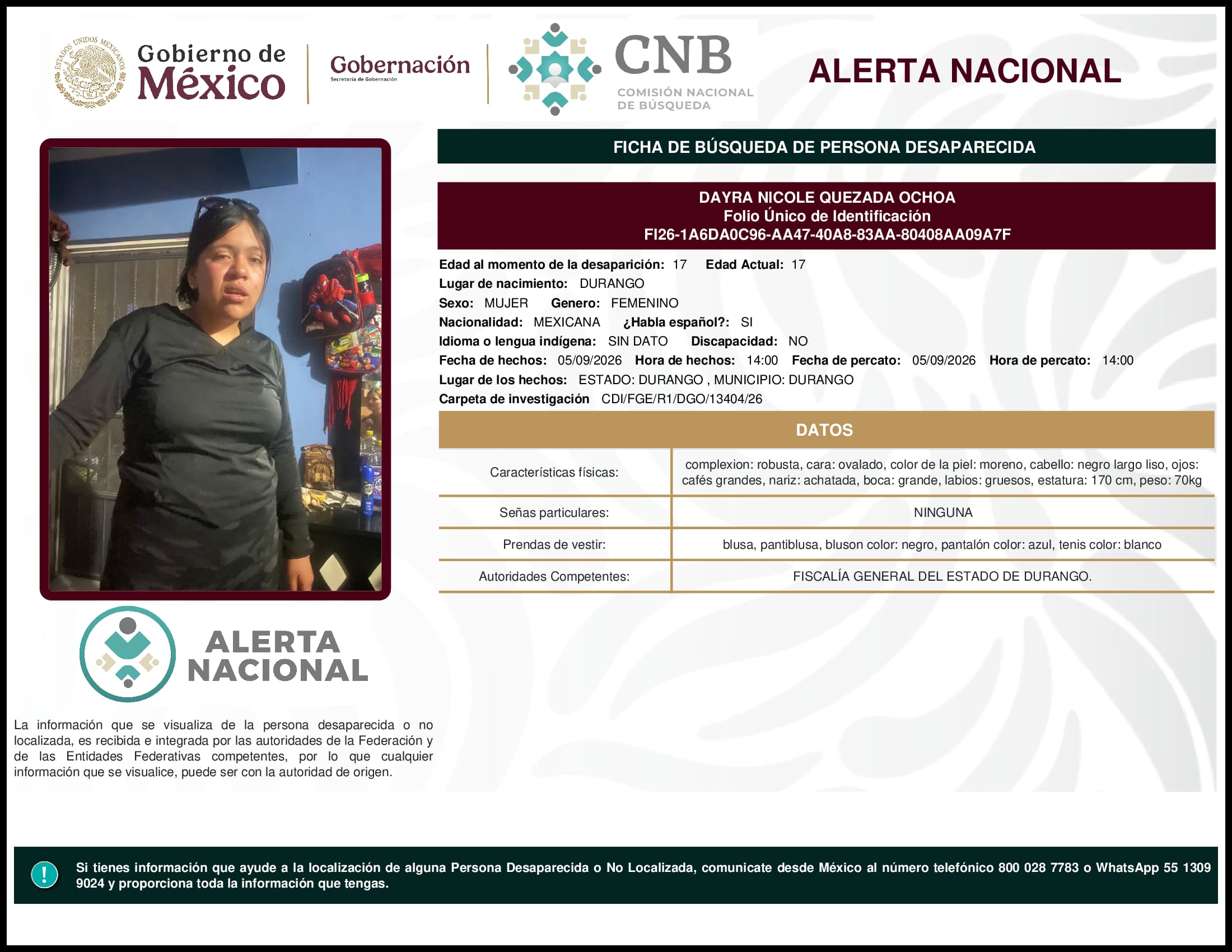 Persona desaparecida Dayra Nicole Quezada Ochoa