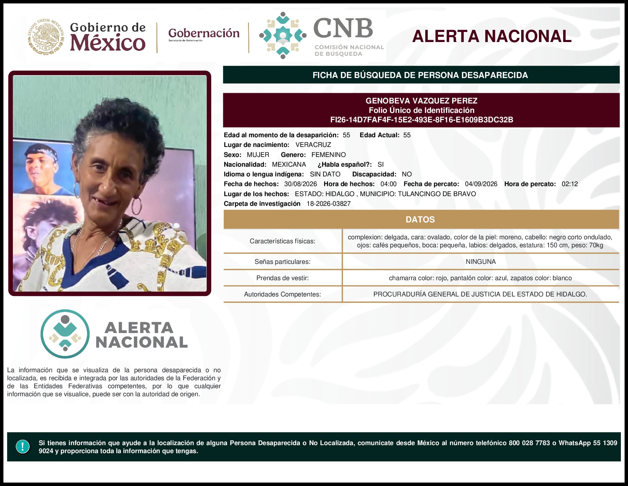 Persona desaparecida Genobeva Vazquez Perez