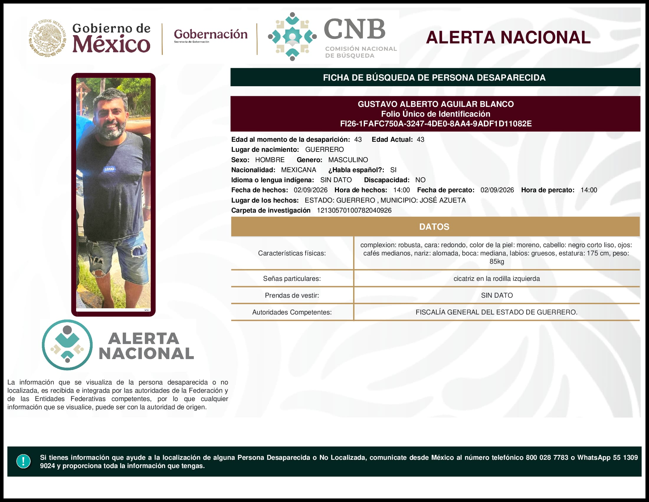 Persona desaparecida Gustavo Alberto Aguilar Blanco