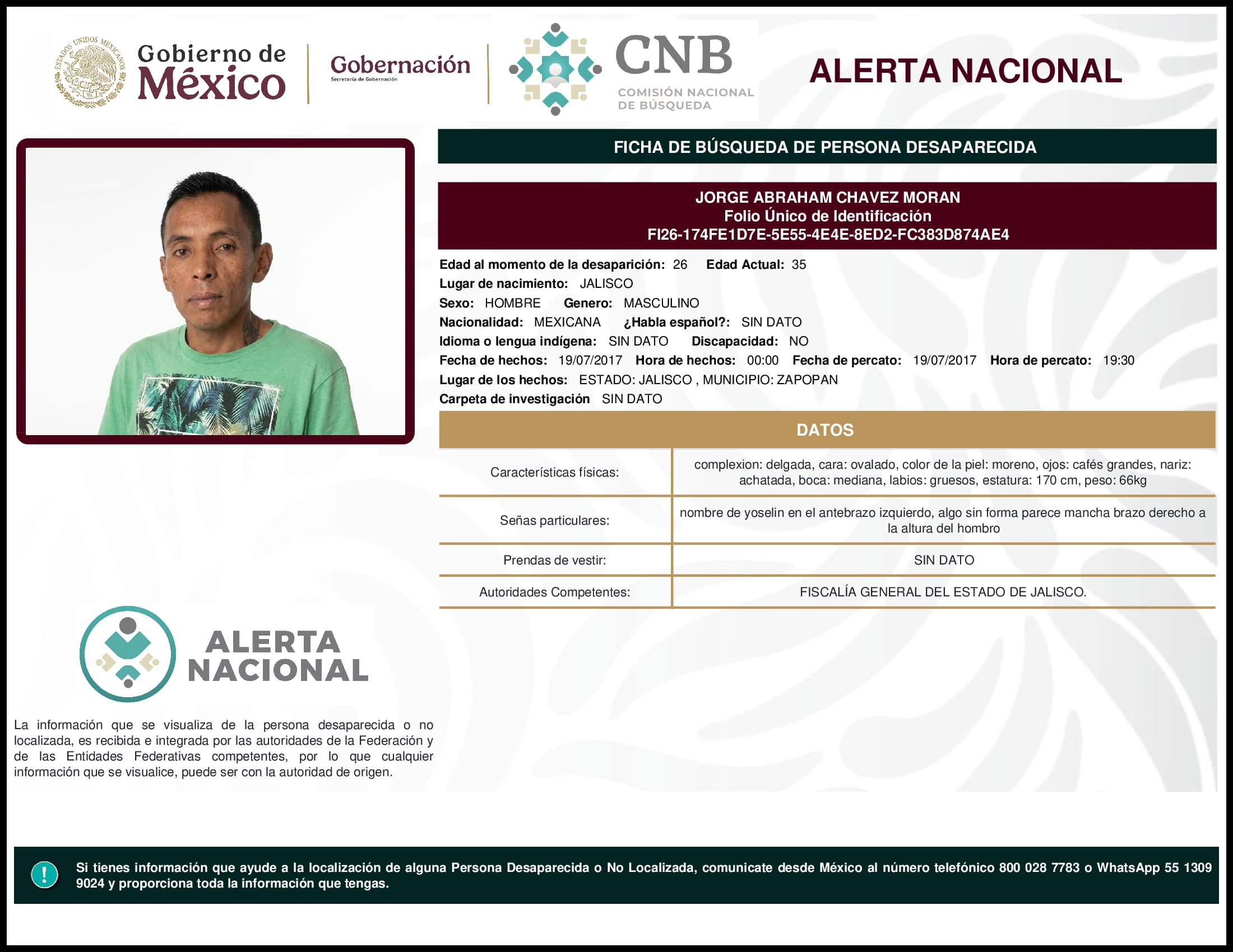 Persona desaparecida Jorge Abraham Chavez Moran
