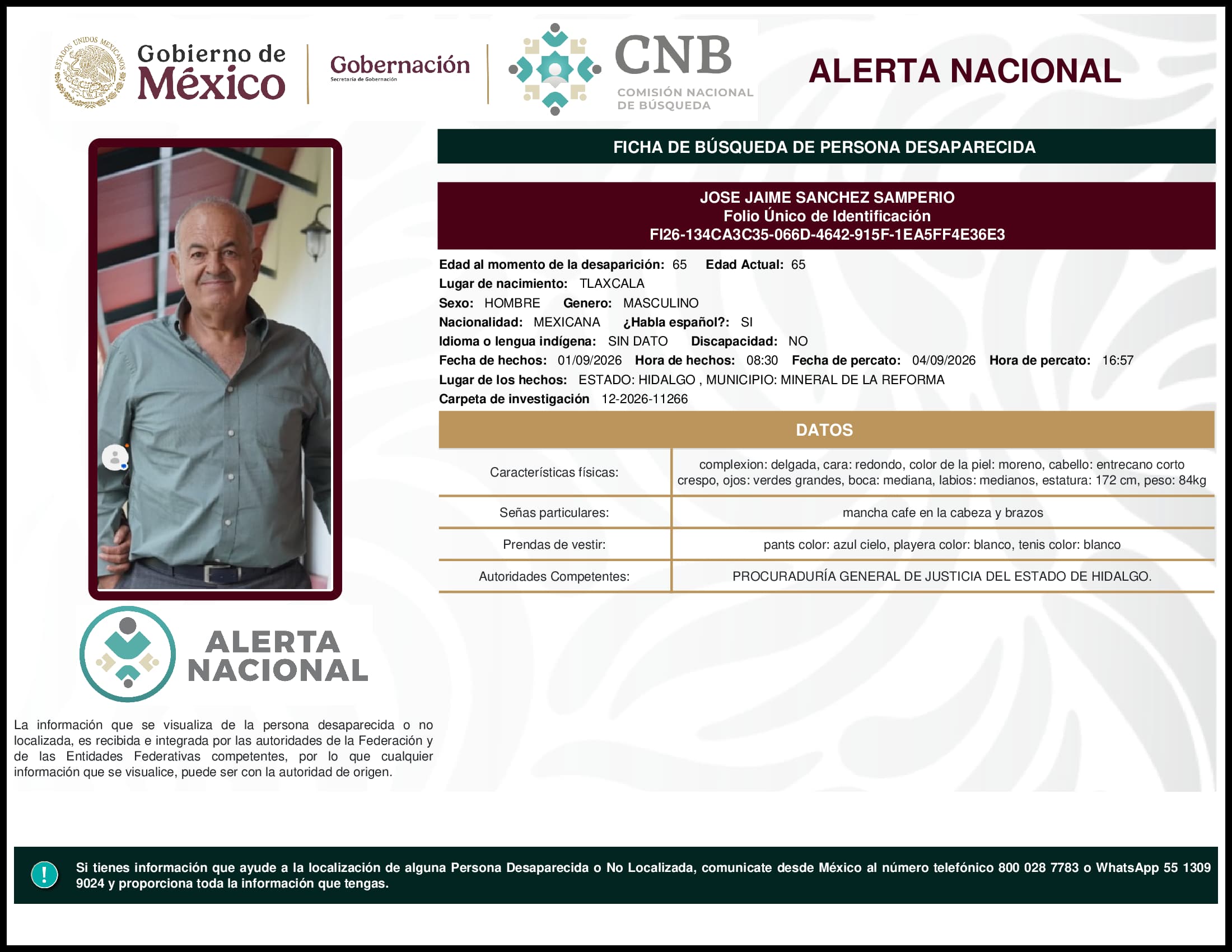Persona desaparecida Jose Jaime Sanchez Samperio