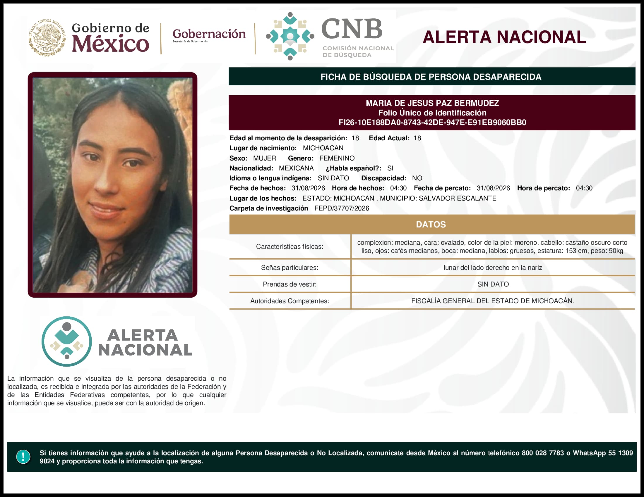 Persona desaparecida Maria De Jesus Paz Bermudez