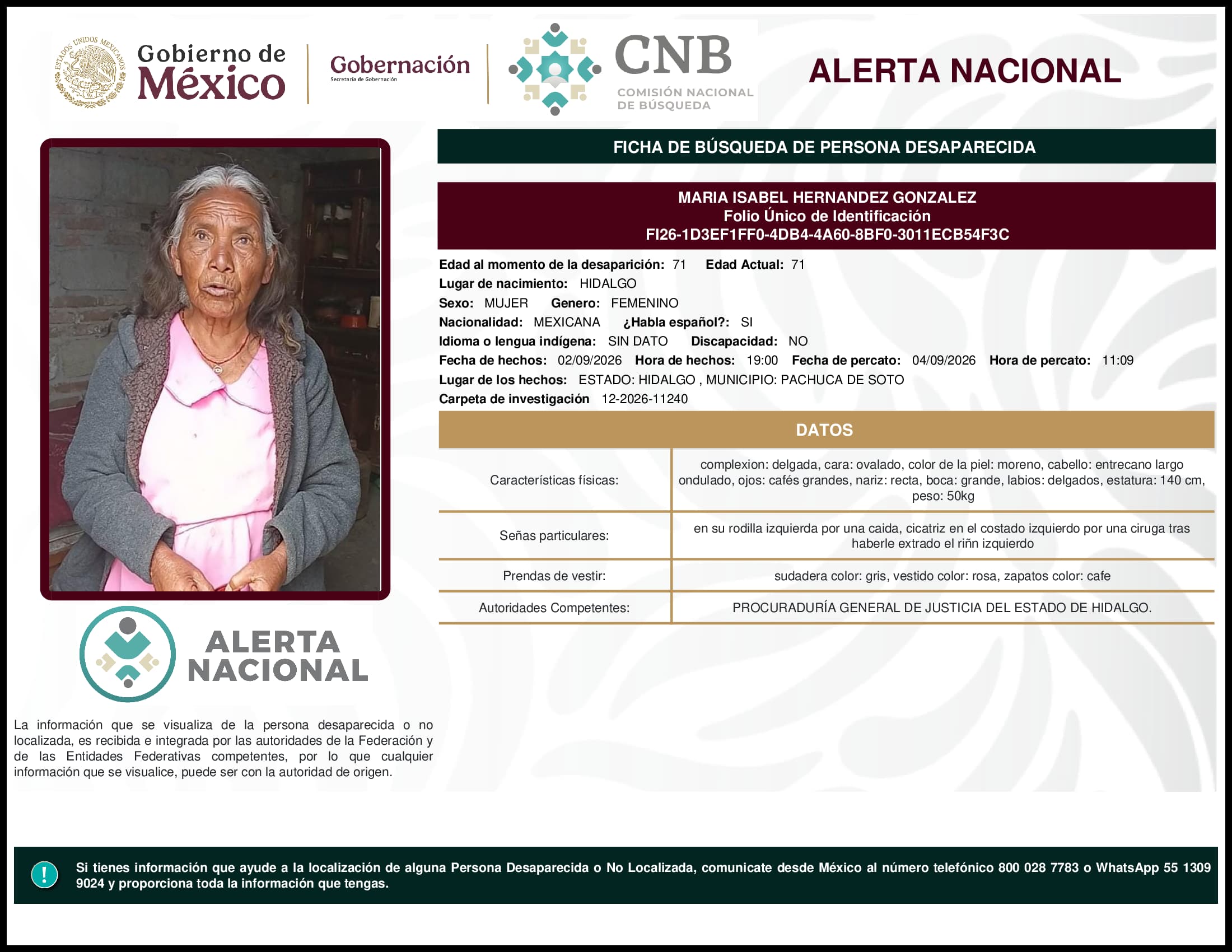 Persona desaparecida Maria Isabel Hernandez Gonzalez