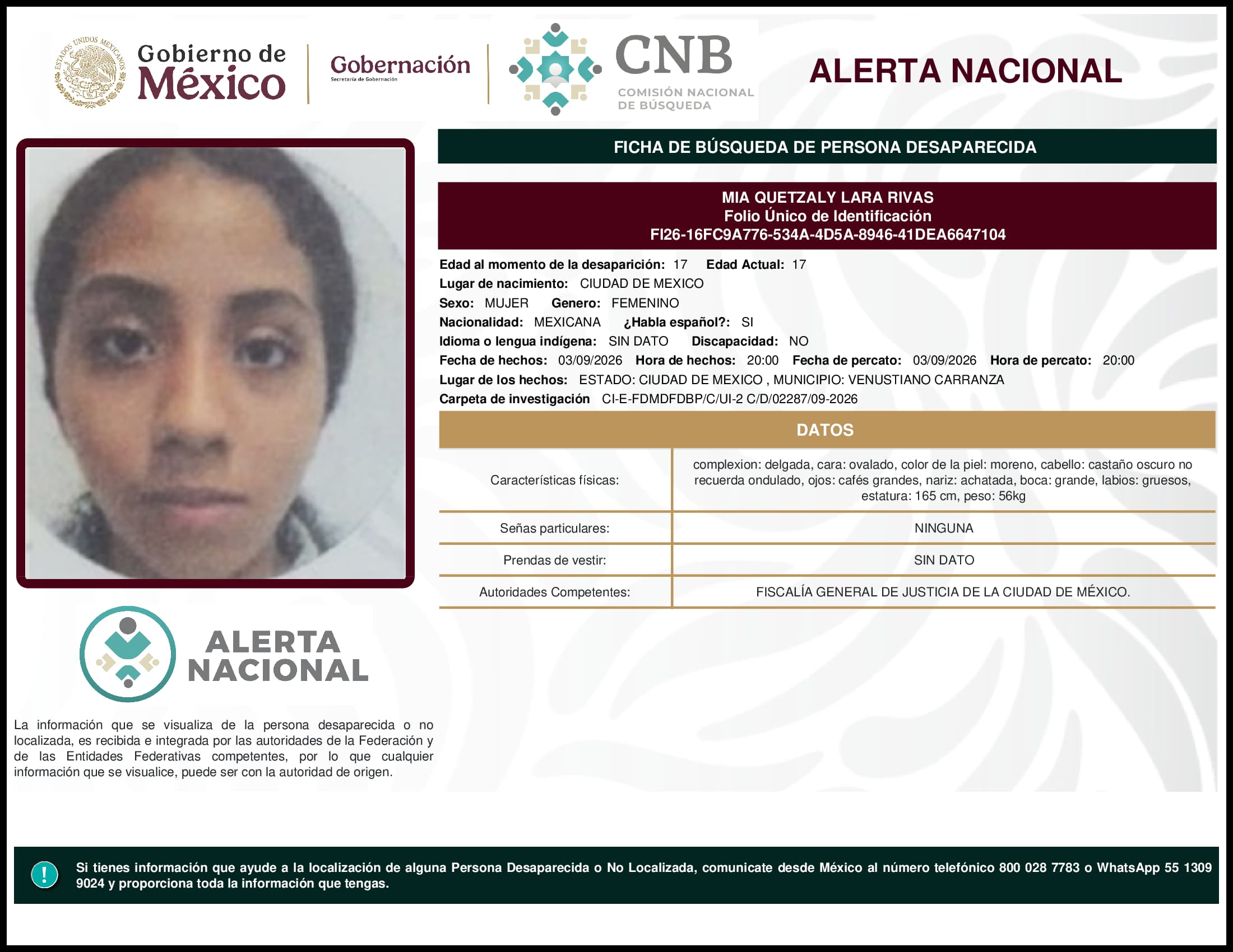 Persona desaparecida Mia Quetzaly Lara Rivas