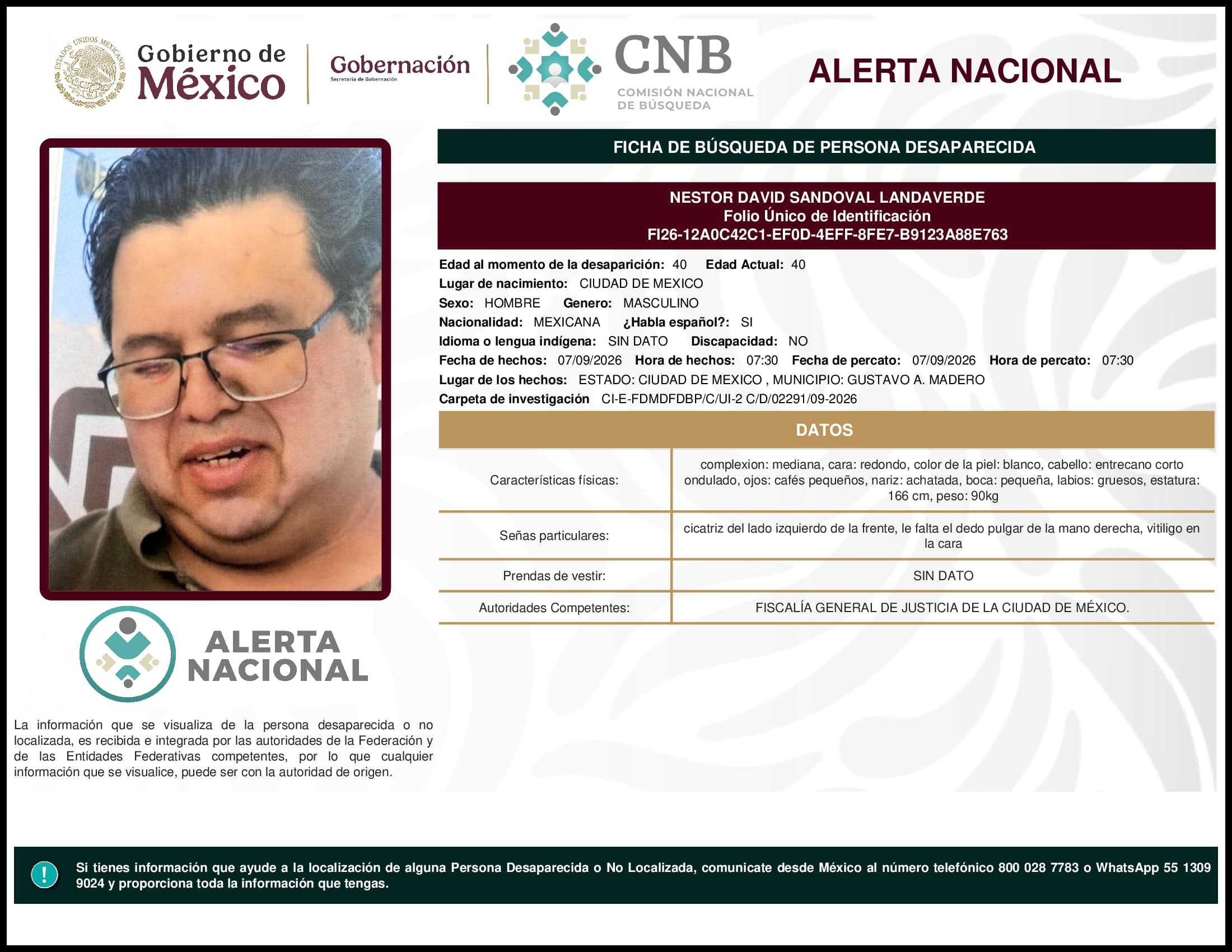 Persona desaparecida Nestor David Sandoval Landaverde