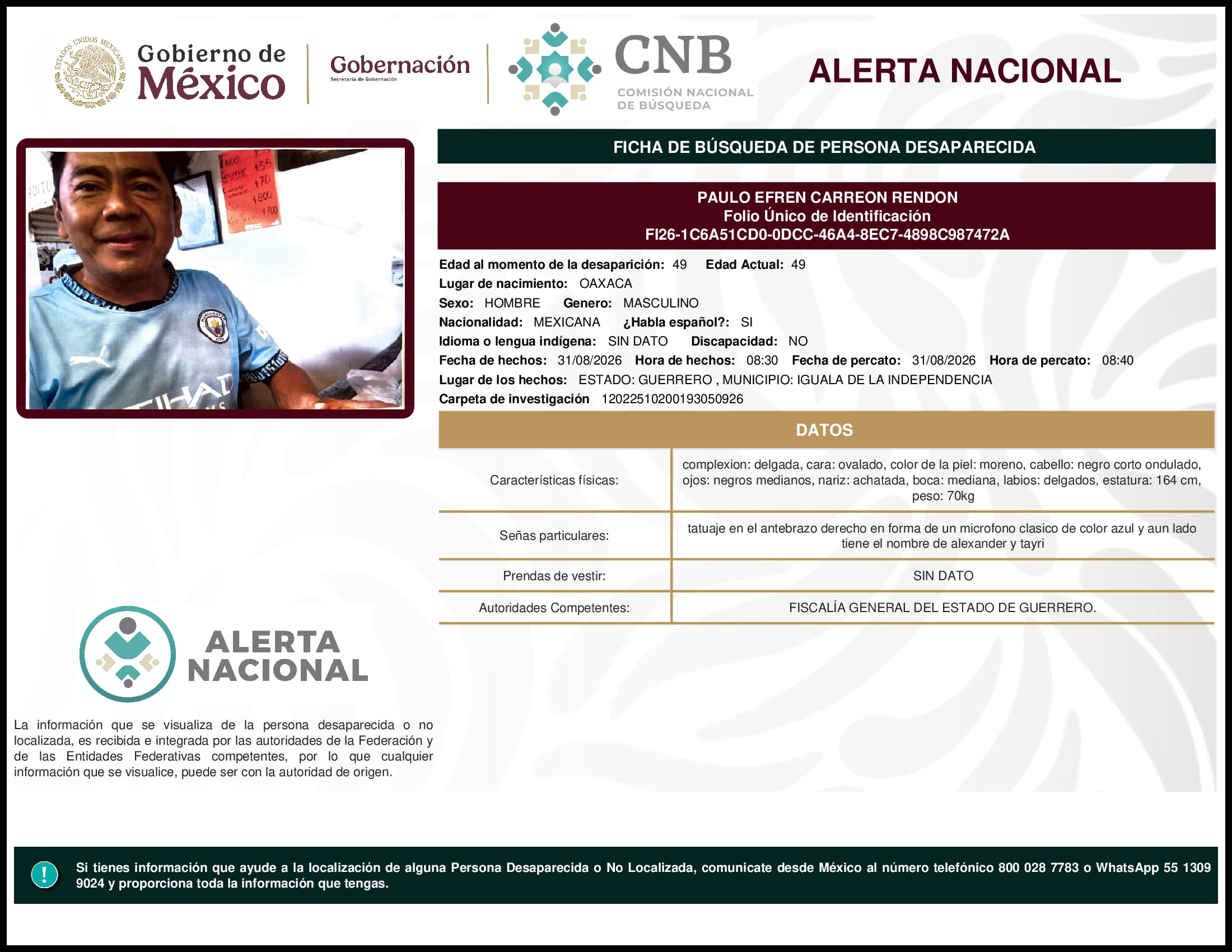 Persona desaparecida Paulo Efren Carreon Rendon