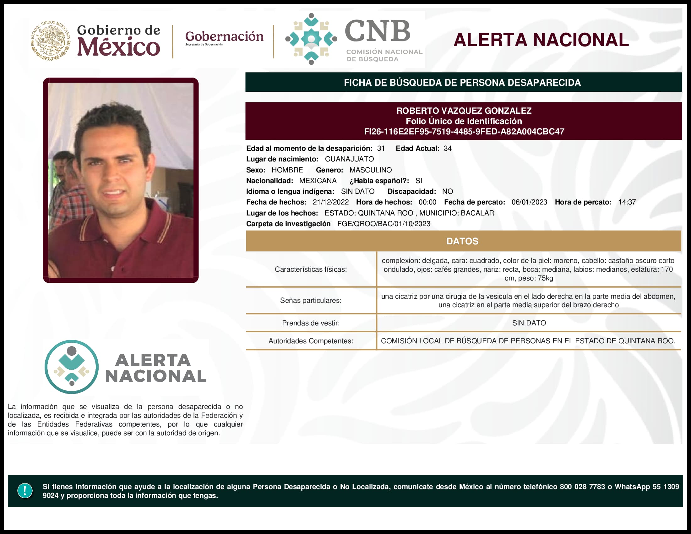 Persona desaparecida Roberto Vazquez Gonzalez