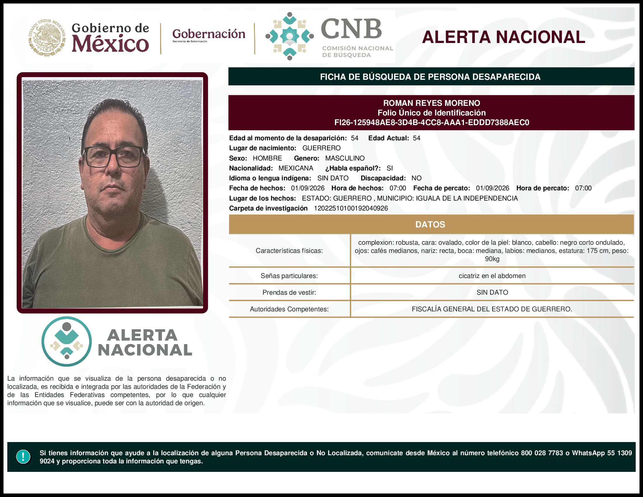 Persona desaparecida Roman Reyes Moreno