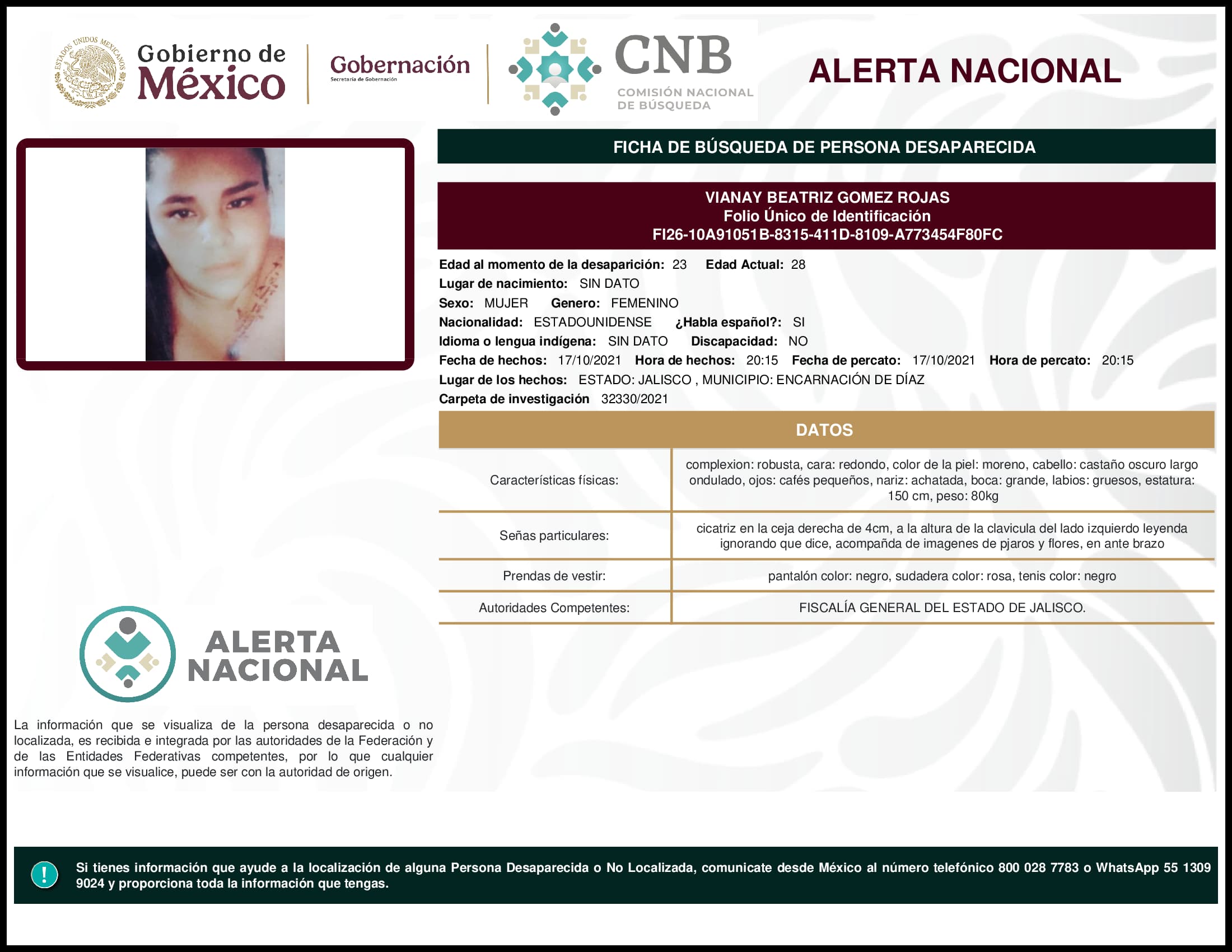 Persona desaparecida Vianay Beatriz Gomez Rojas