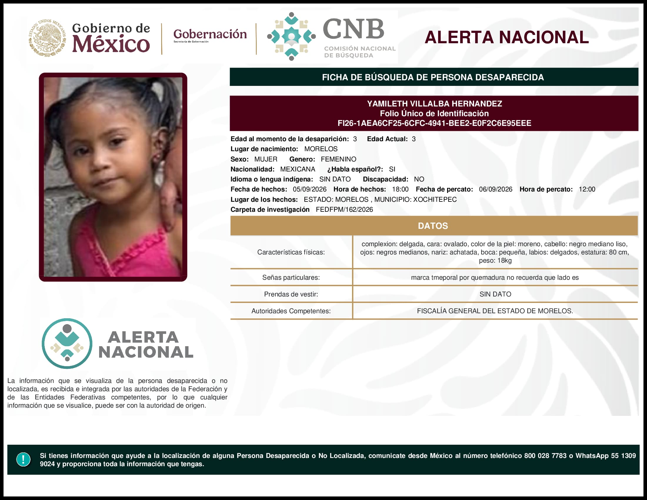 Persona desaparecida Yamileth Villalba Hernandez