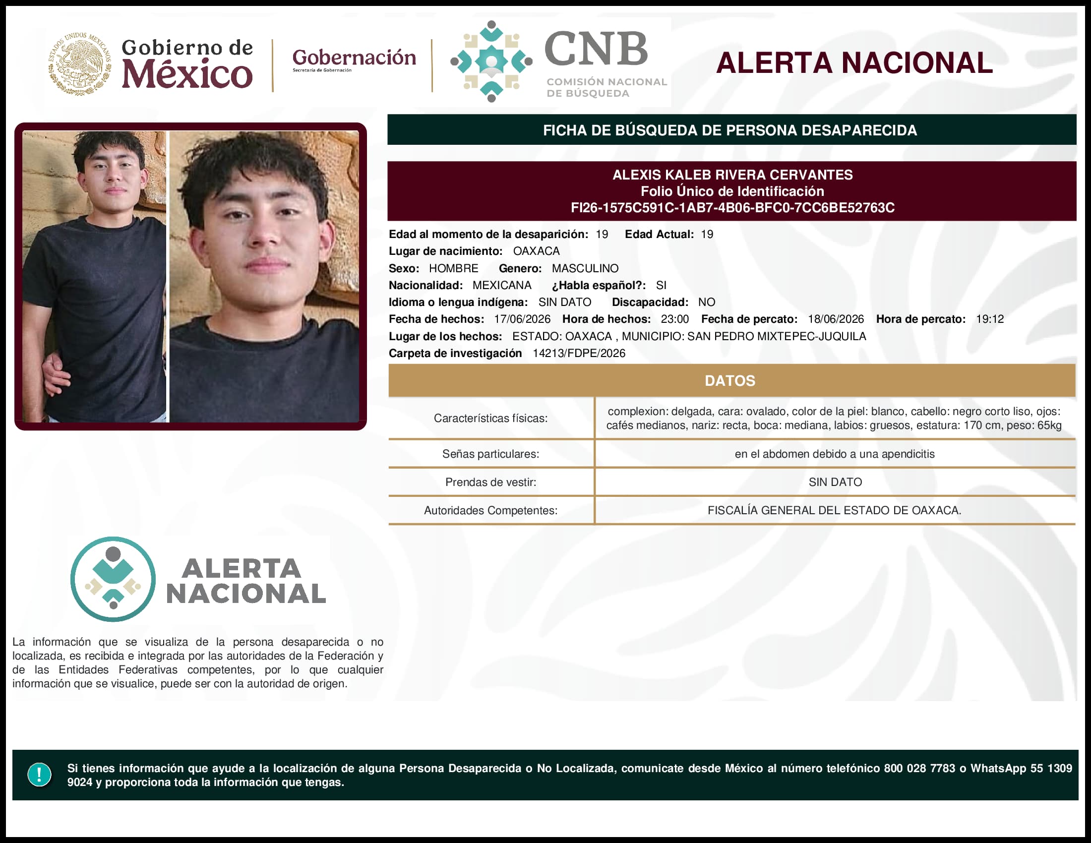 Persona desaparecida Alexis Kaleb Rivera Cervantes