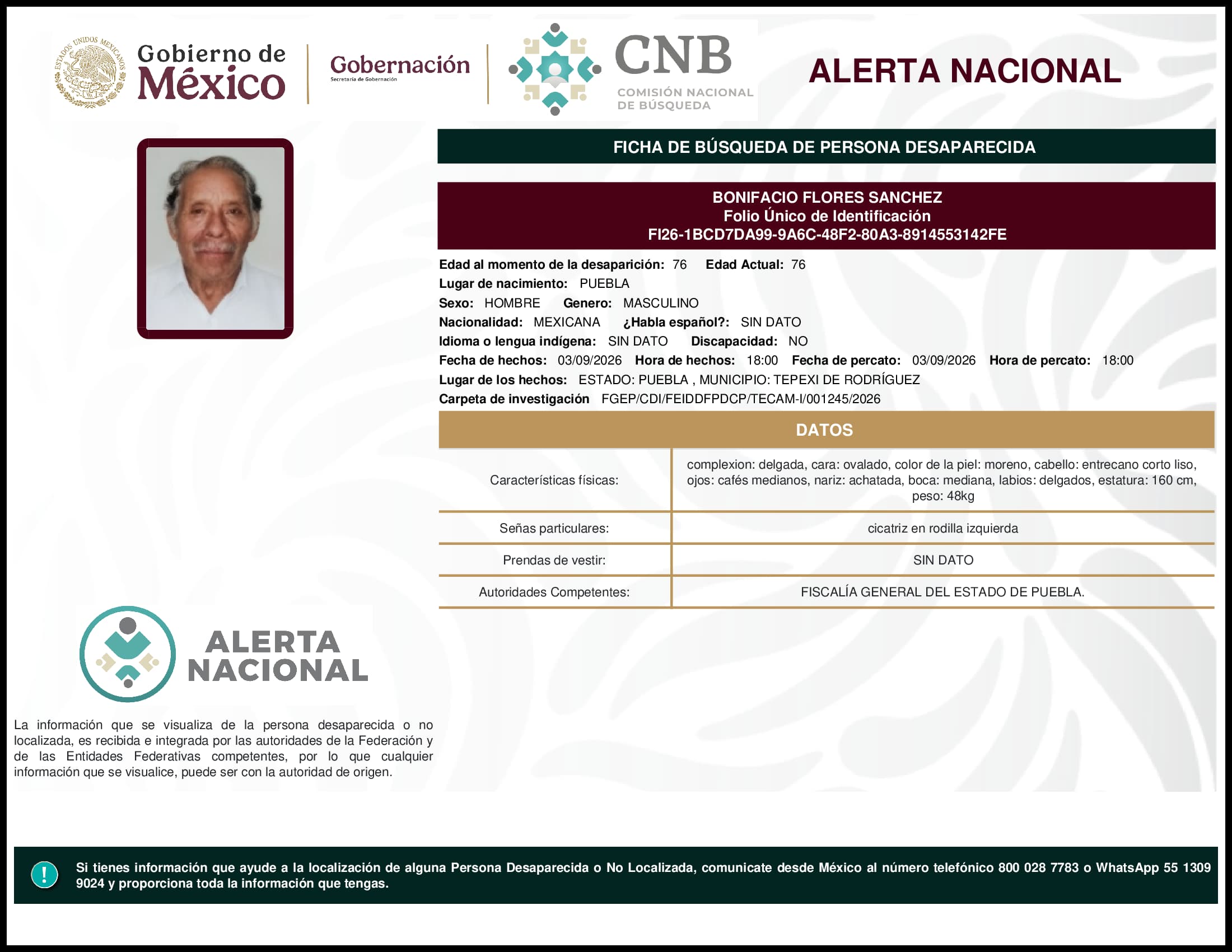 Persona desaparecida Bonifacio Flores Sanchez