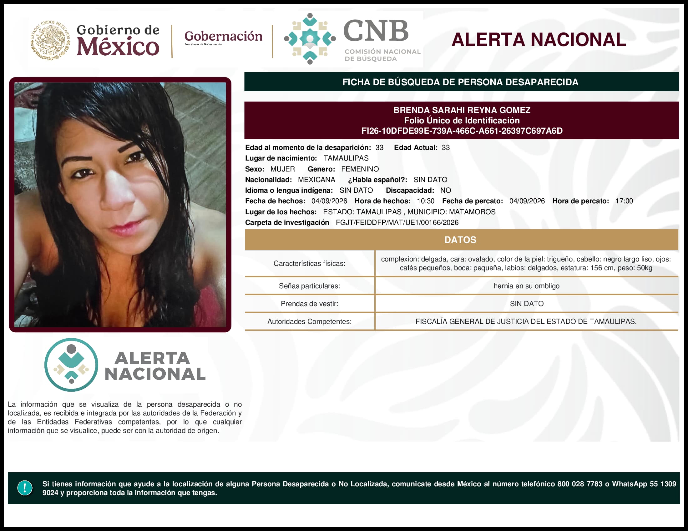 Persona desaparecida Brenda Sarahi Reyna Gomez