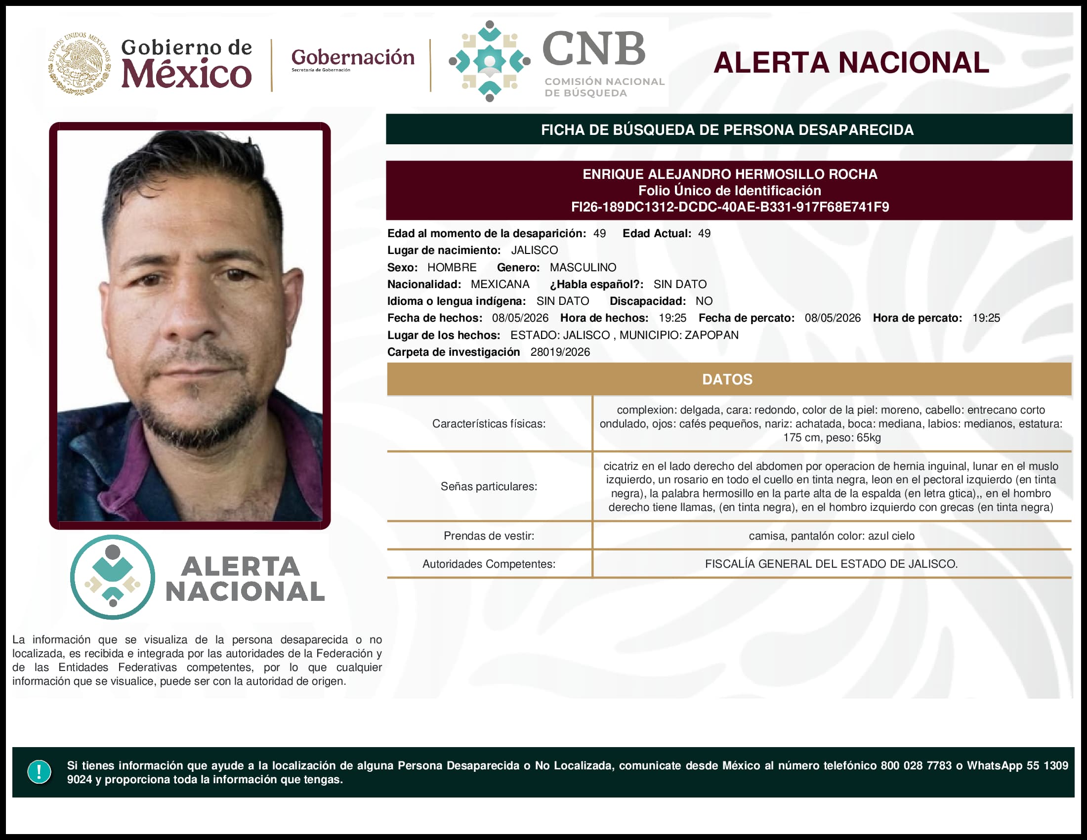 Persona desaparecida Enrique Alejandro Hermosillo Rocha