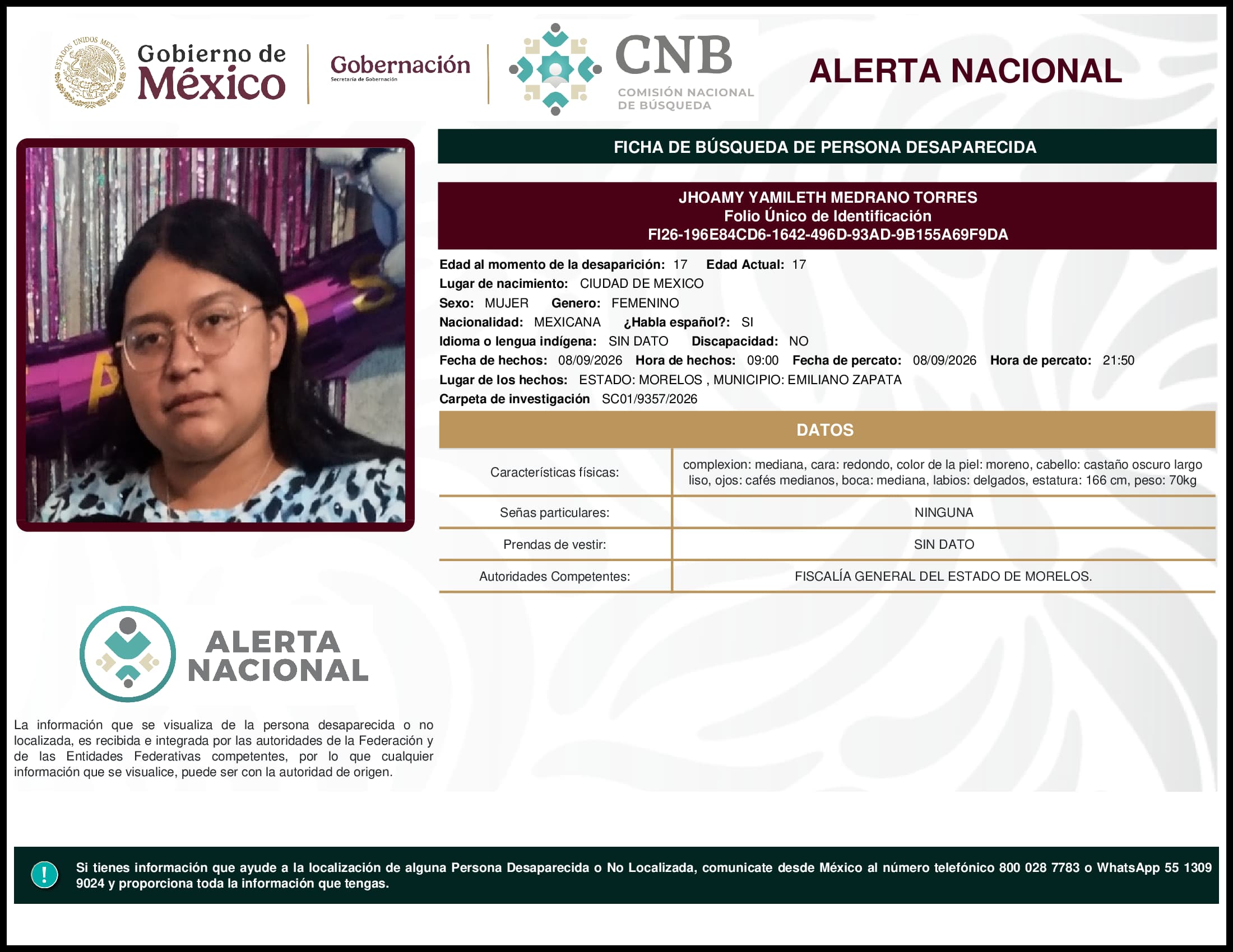 Persona desaparecida Jhoamy Yamileth Medrano Torres