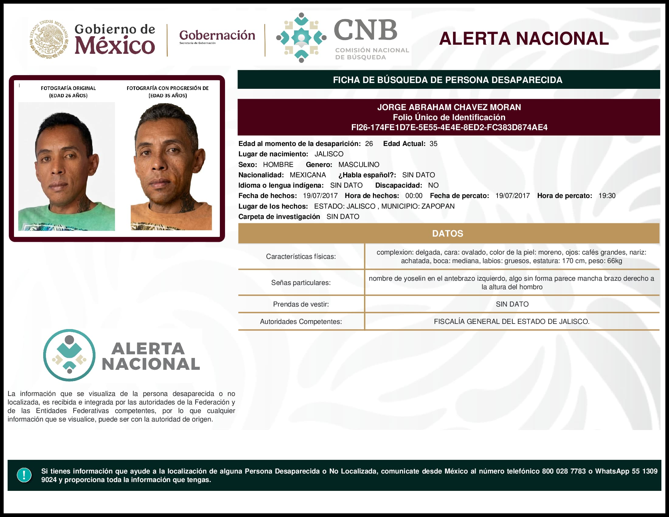 Persona desaparecida Jorge Abraham Chavez Moran