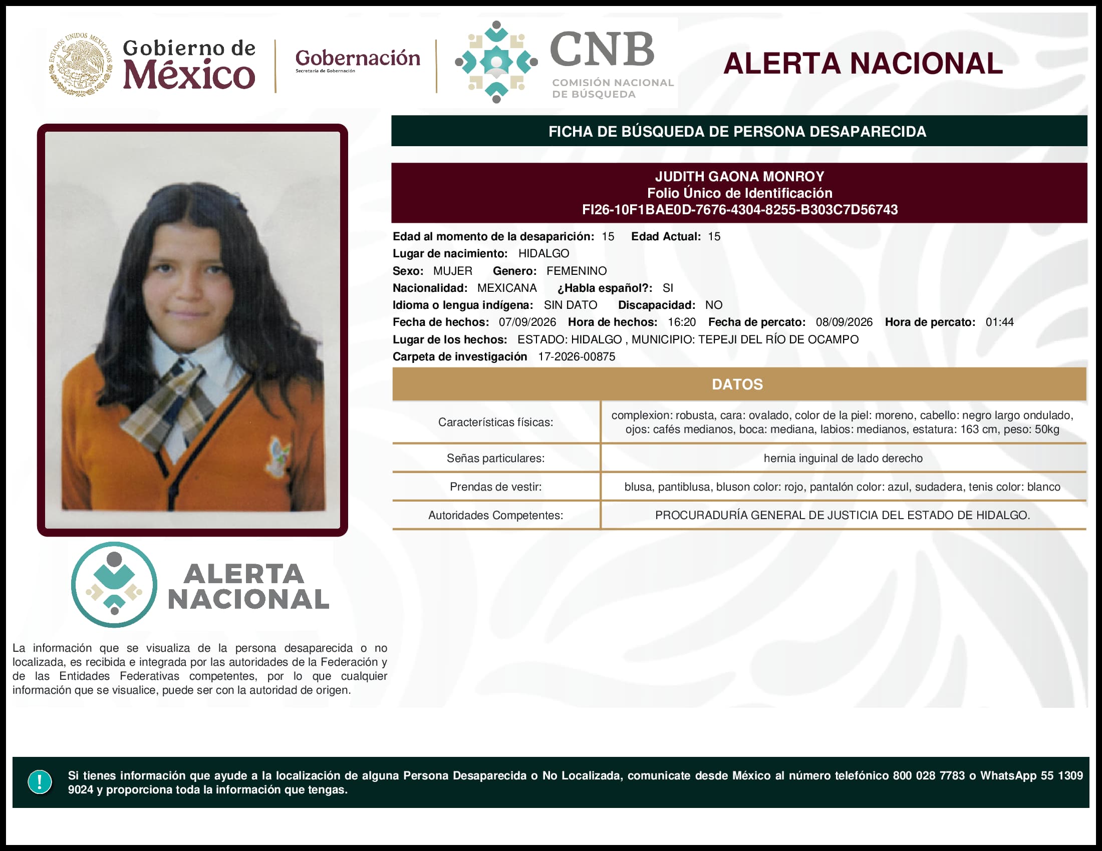 Persona desaparecida Judith Gaona Monroy