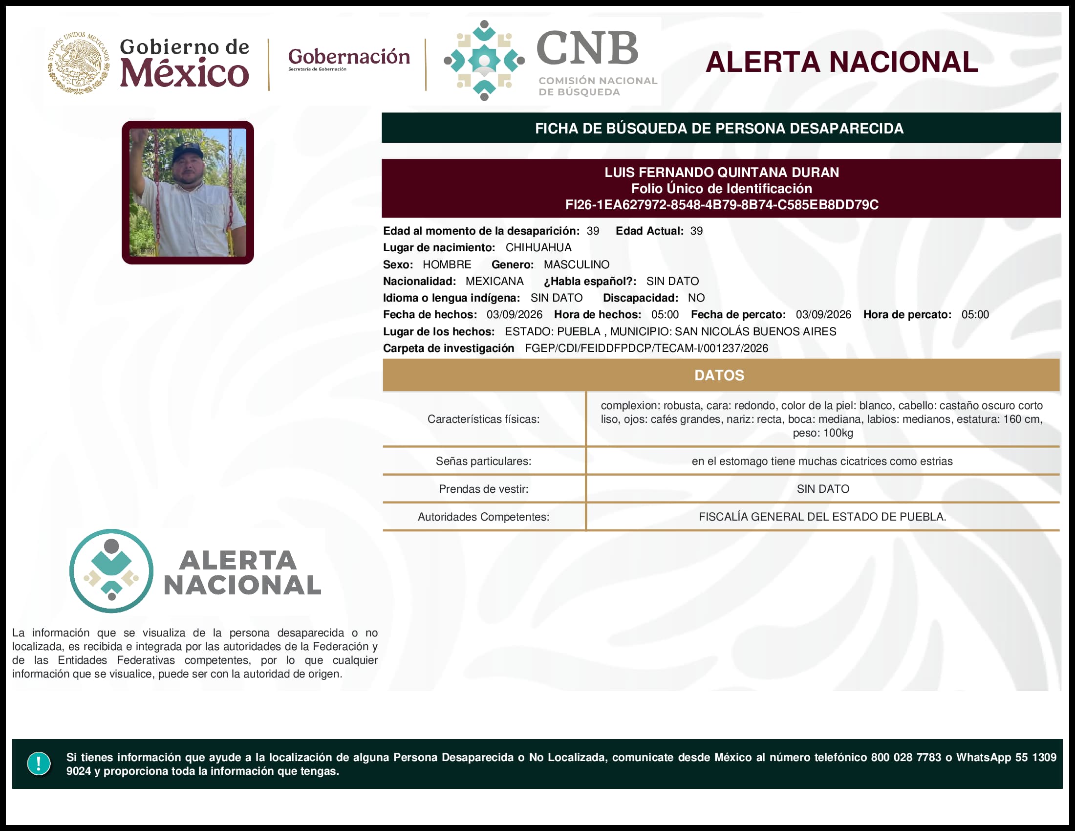 Persona desaparecida Luis Fernando Quintana Duran
