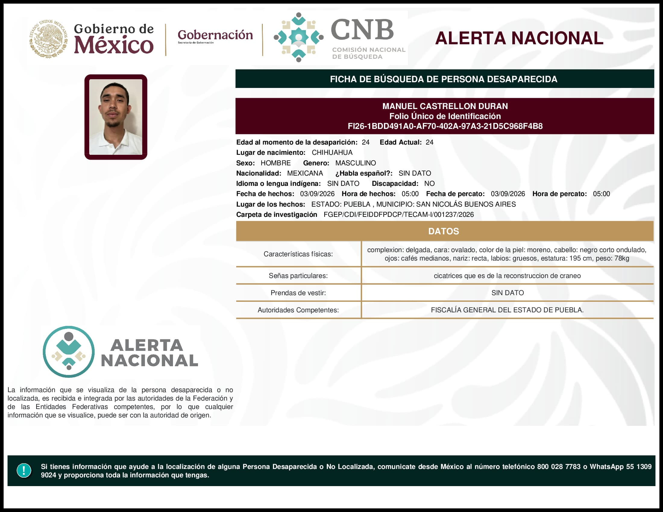 Persona desaparecida Manuel Castrellon Duran