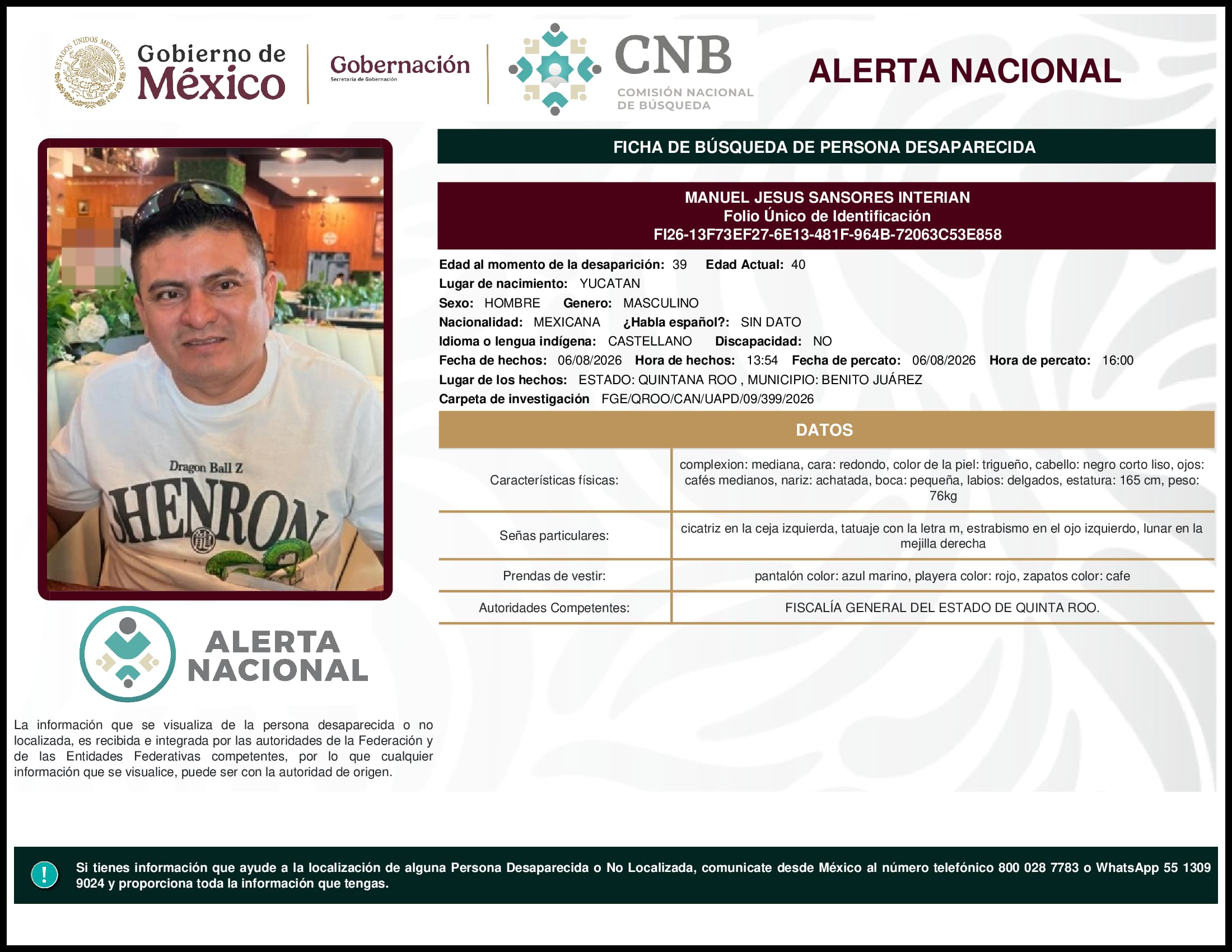 Persona desaparecida Manuel Jesus Sansores Interian