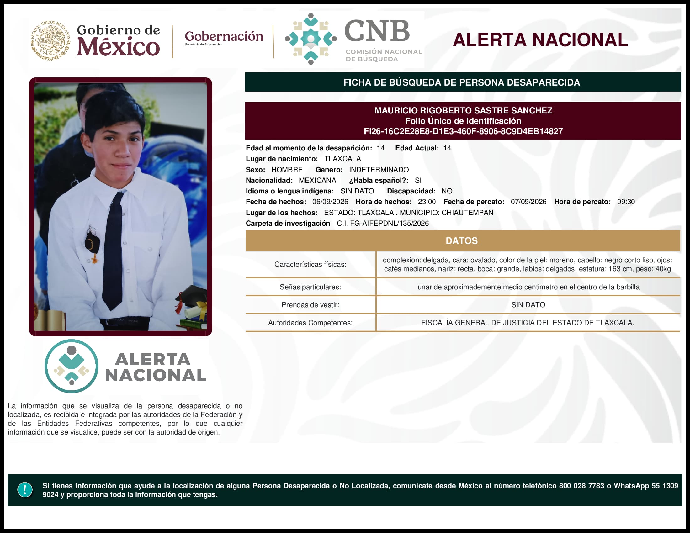 Persona desaparecida Mauricio Rigoberto Sastre Sanchez