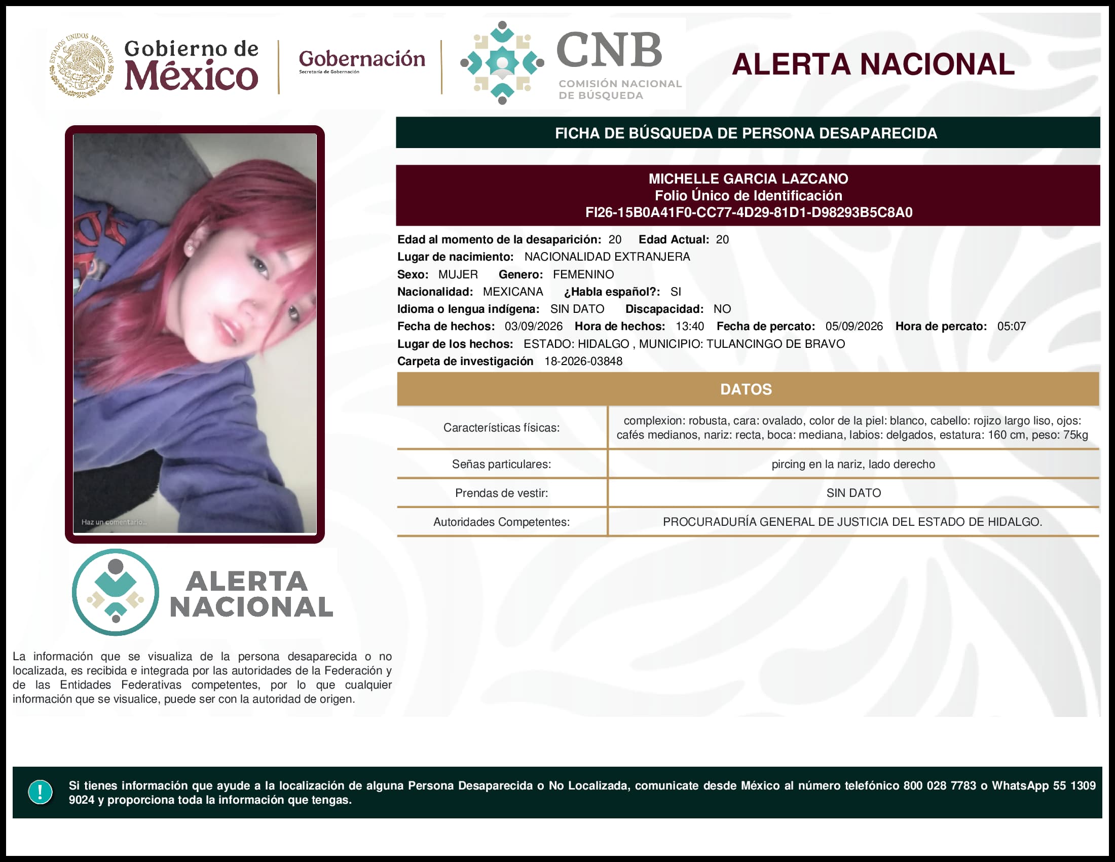 Persona desaparecida Michelle Garcia Lazcano