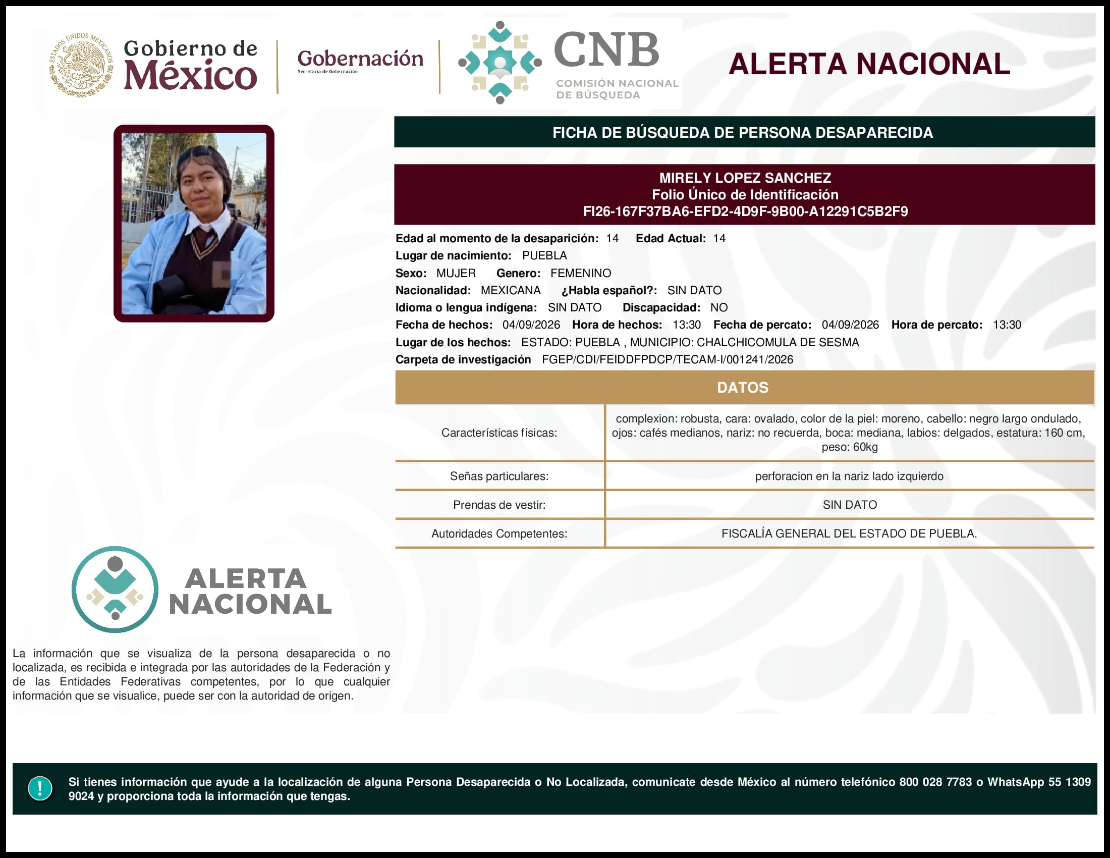 Persona desaparecida Mirely Lopez Sanchez