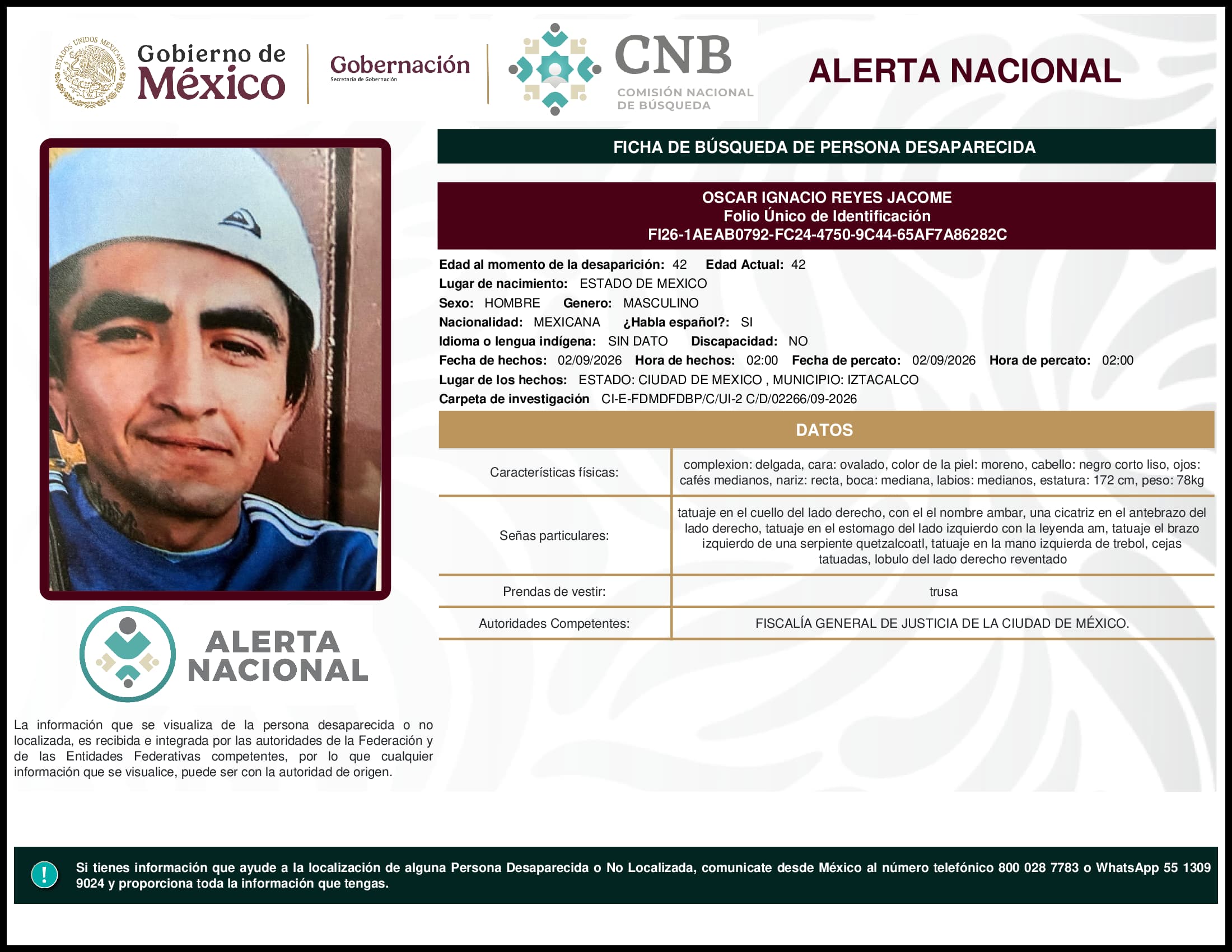 Persona desaparecida Oscar Ignacio Reyes Jacome
