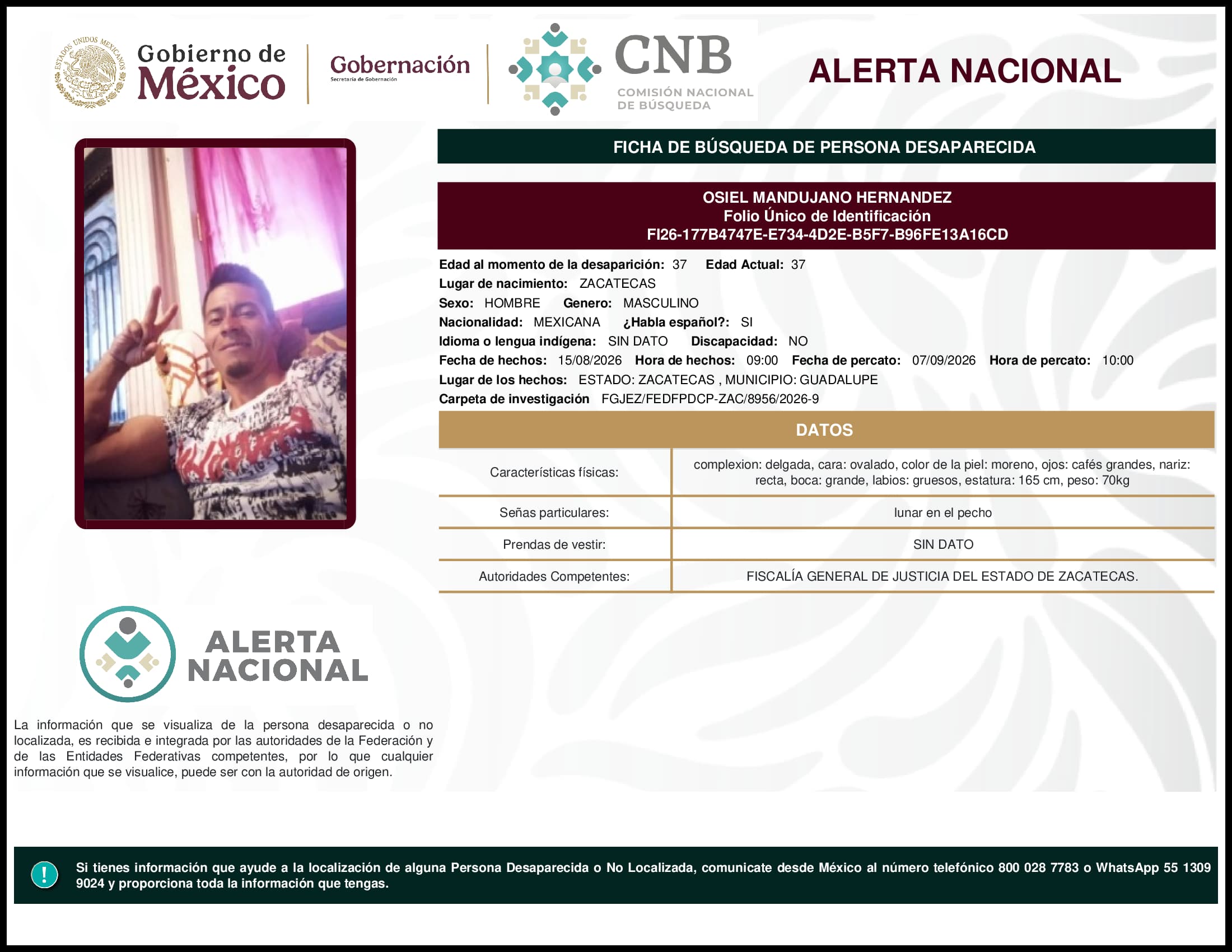 Persona desaparecida Osiel Mandujano Hernandez