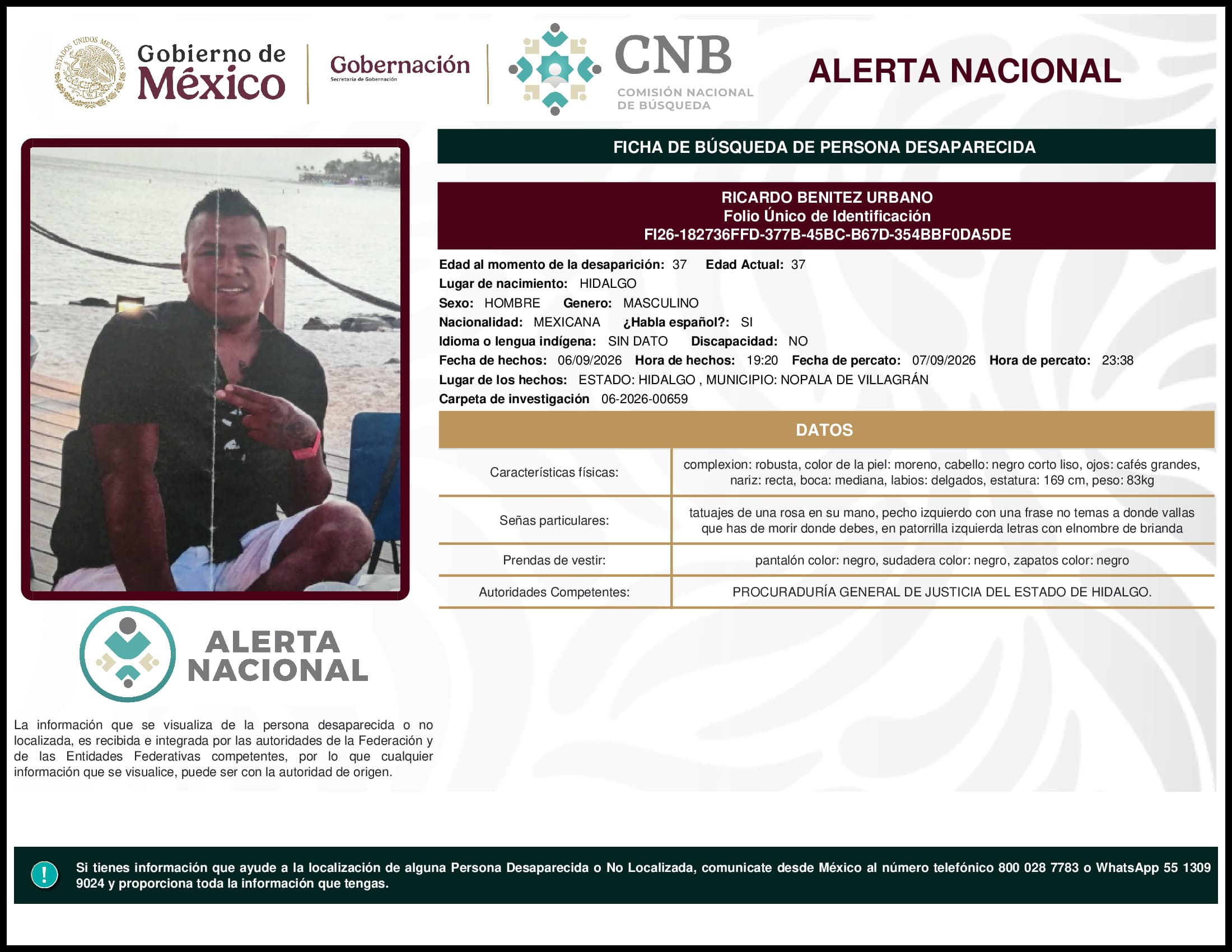 Persona desaparecida Ricardo Benitez Urbano