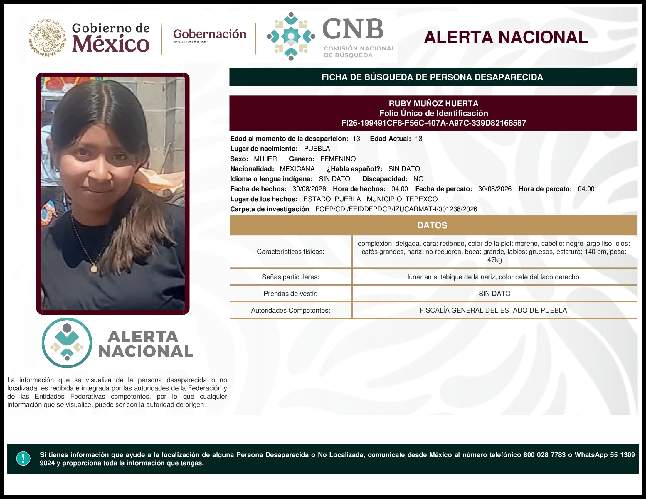 Persona desaparecida Ruby Munoz Huerta