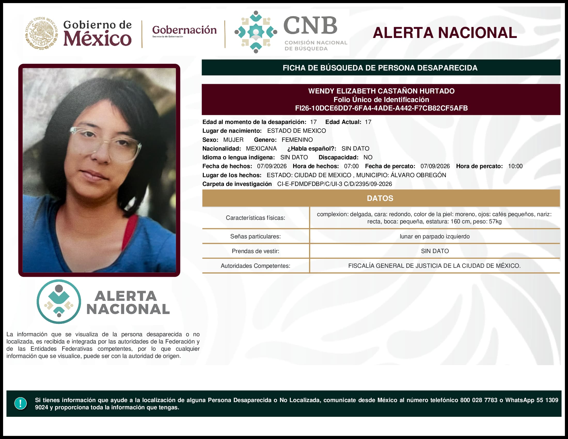 Persona desaparecida Wendy Elizabeth Castanon Hurtado