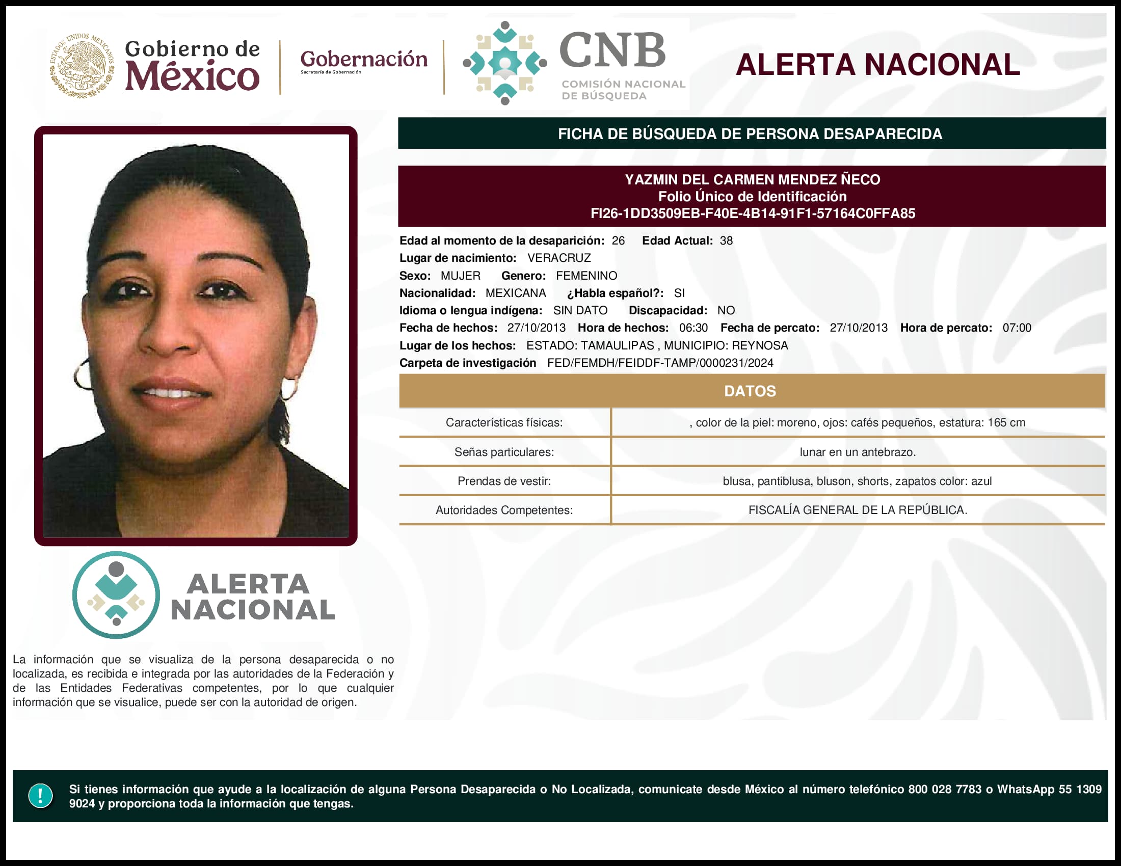 Persona desaparecida Yazmin Del Carmen Mendez Neco