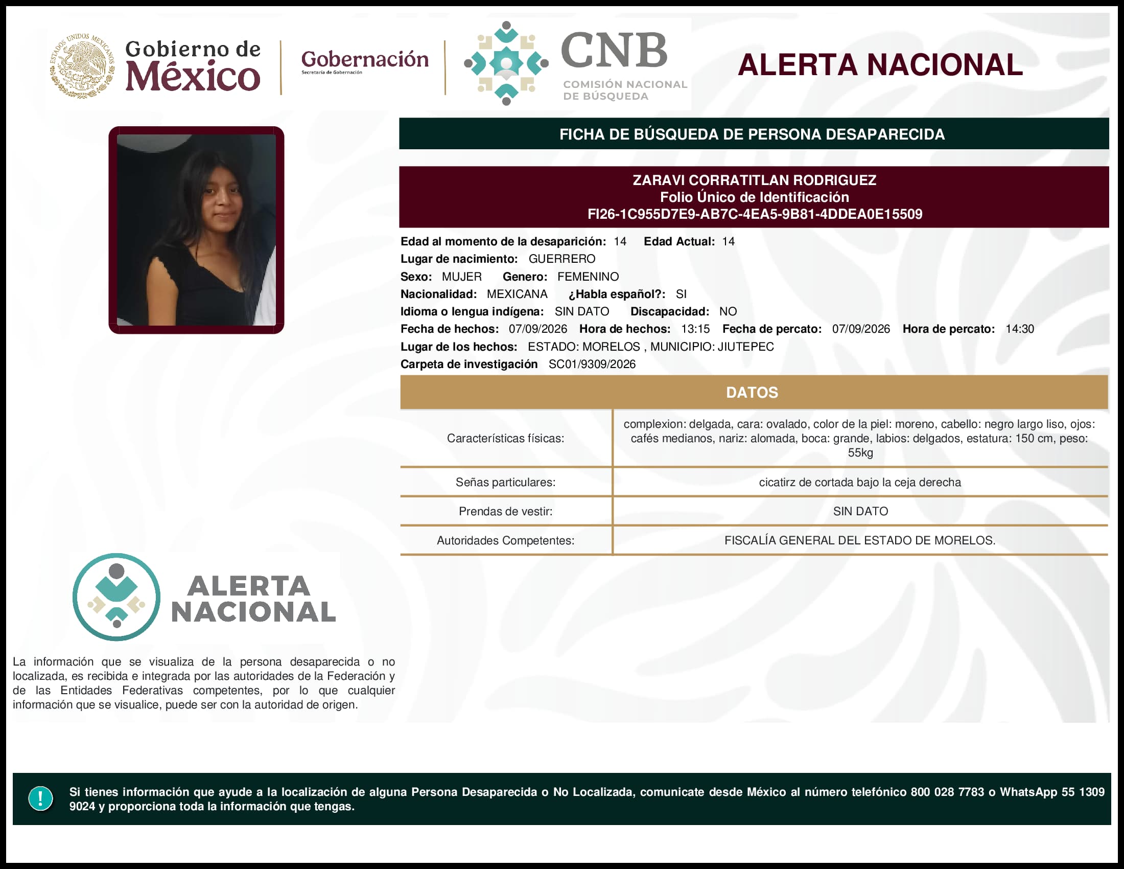 Persona desaparecida Zaravi Corratitlan Rodriguez