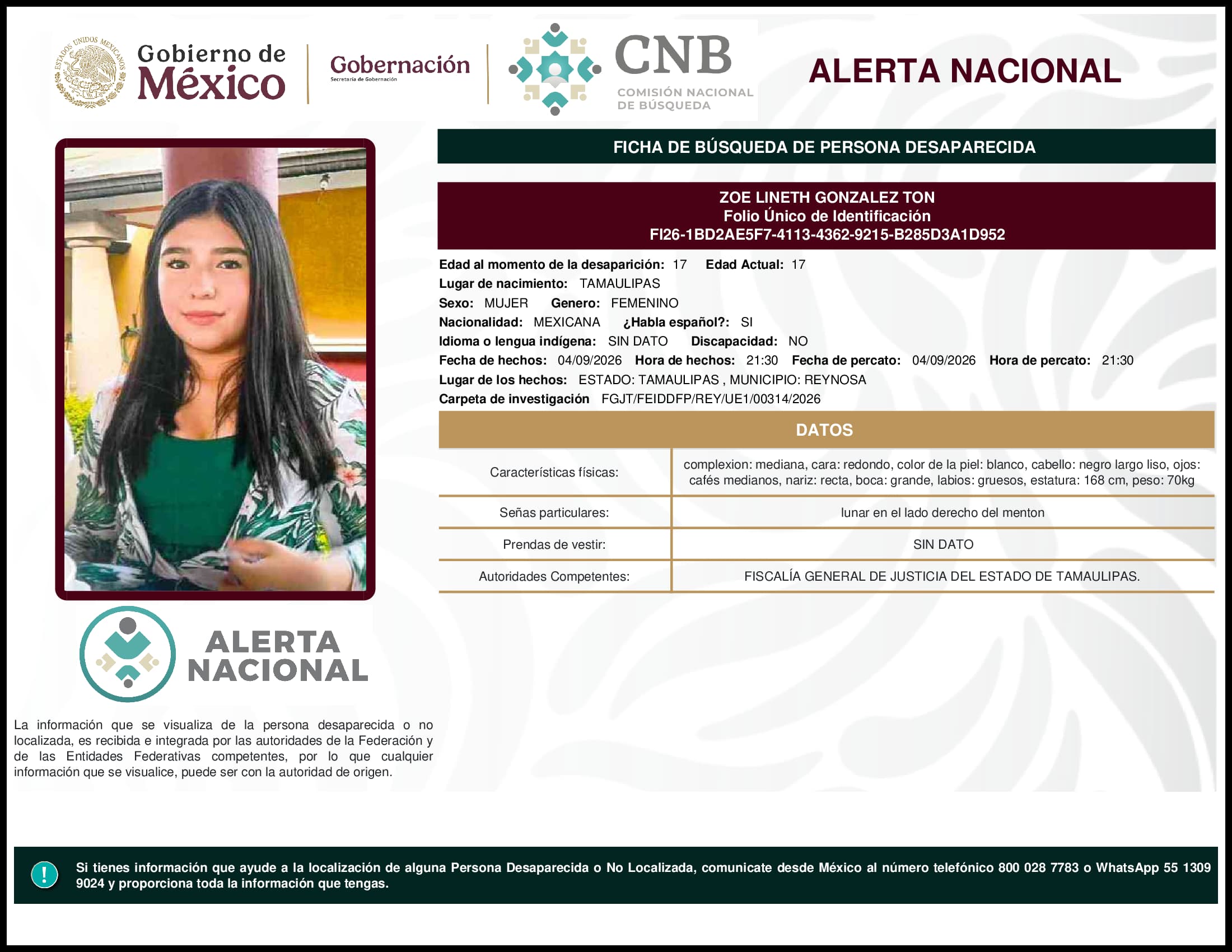 Persona desaparecida Zoe Lineth Gonzalez Ton