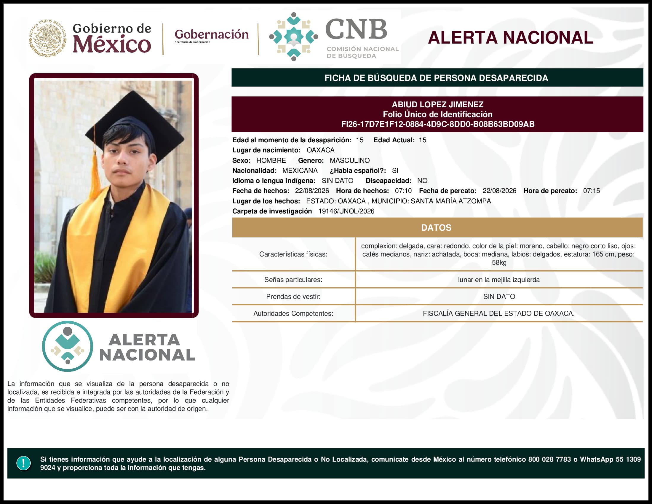 Persona desaparecida Abiud Lopez Jimenez