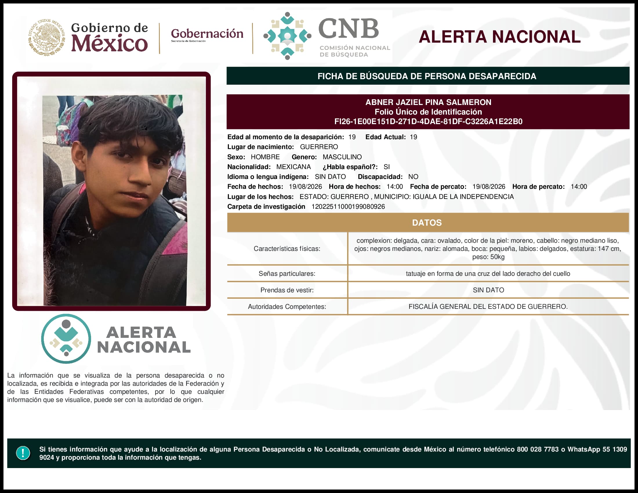 Persona desaparecida Abner Jaziel Pina Salmeron