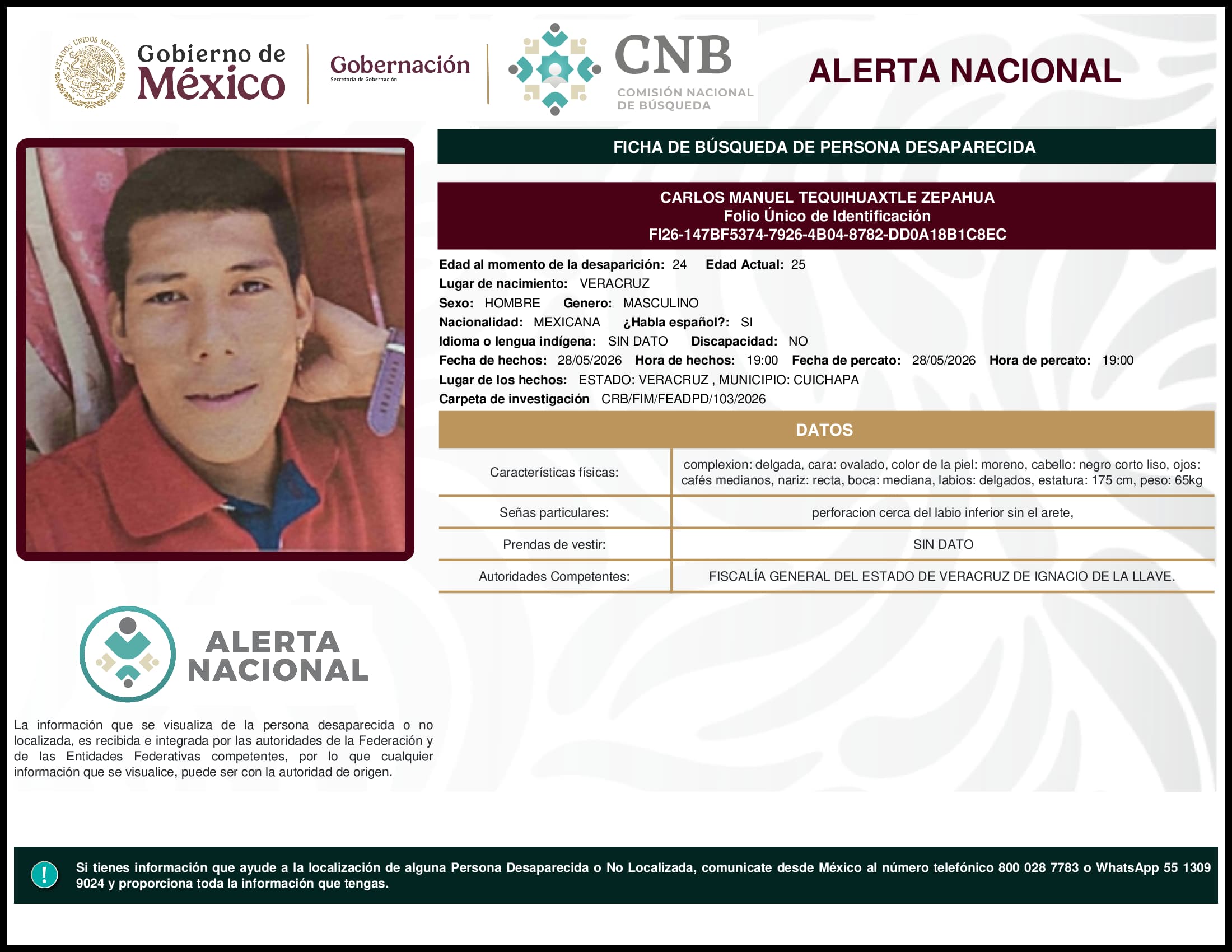 Persona desaparecida Carlos Manuel Tequihuaxtle Zepahua