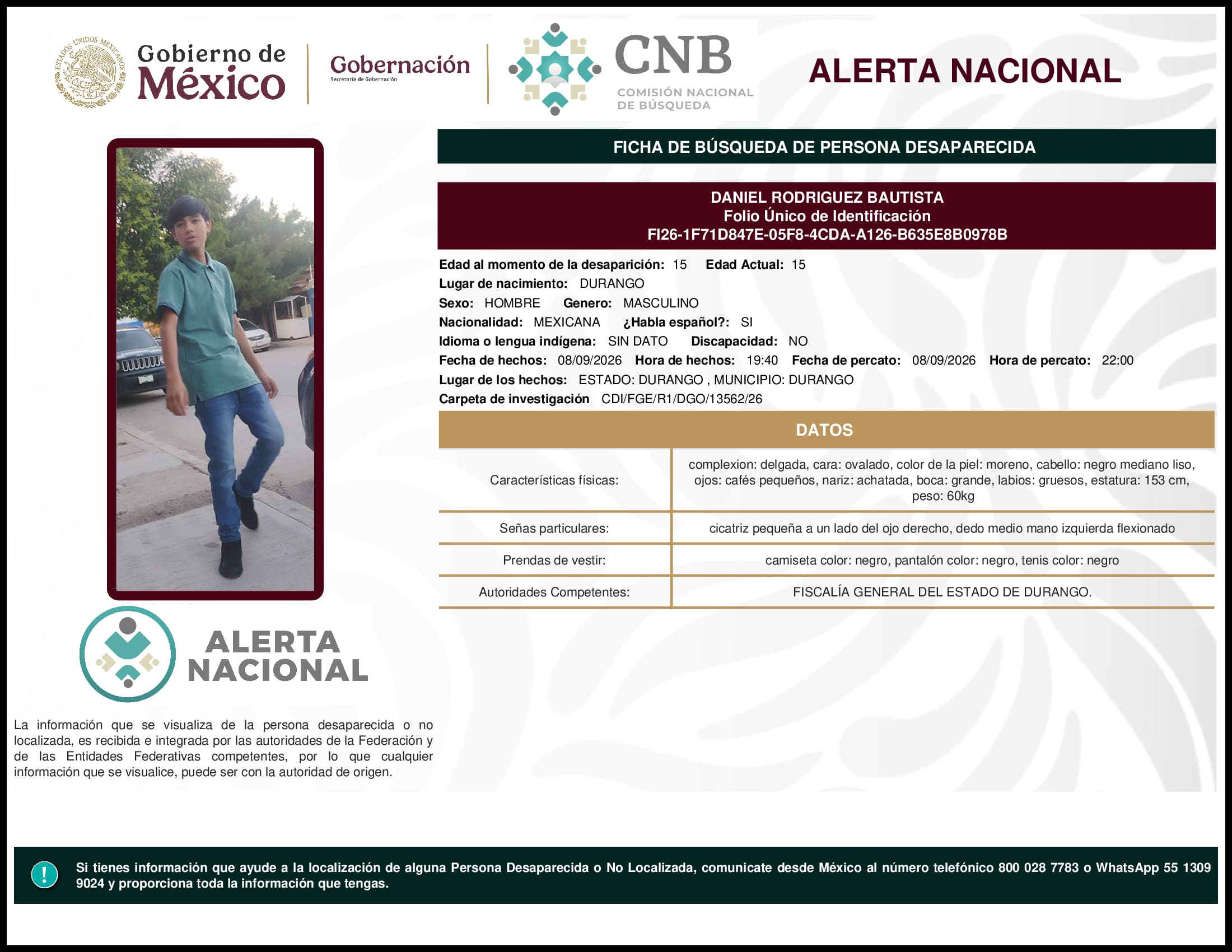 Persona desaparecida Daniel Rodriguez Bautista