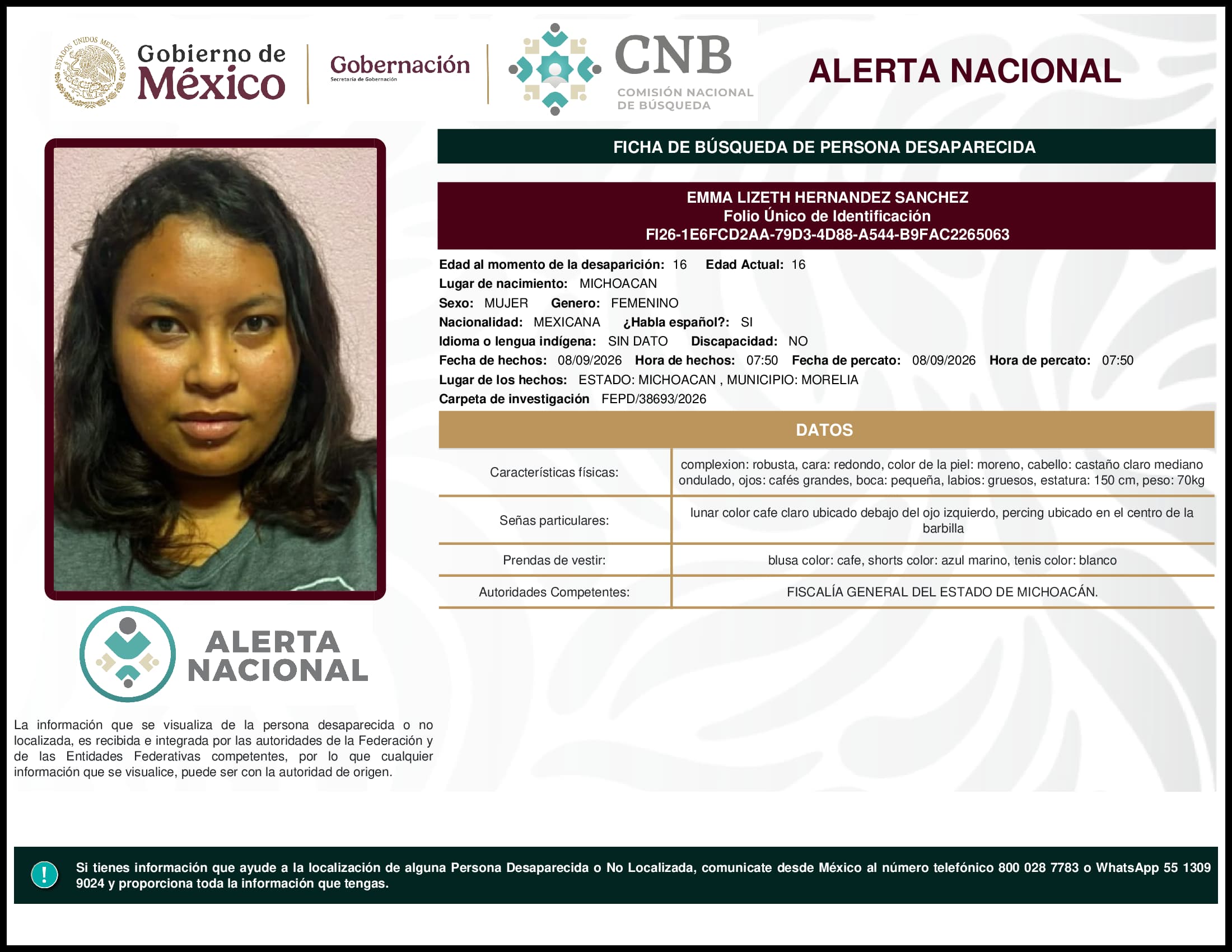 Persona desaparecida Emma Lizeth Hernandez Sanchez