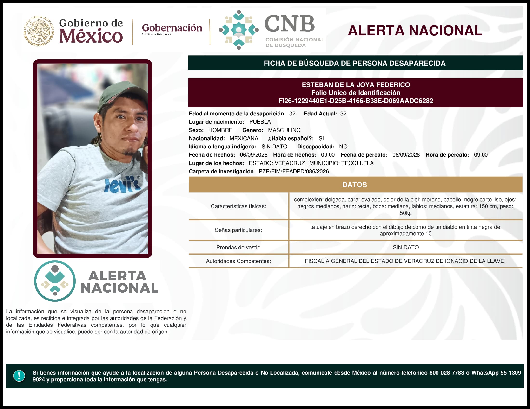 Persona desaparecida Esteban De La Joya Federico
