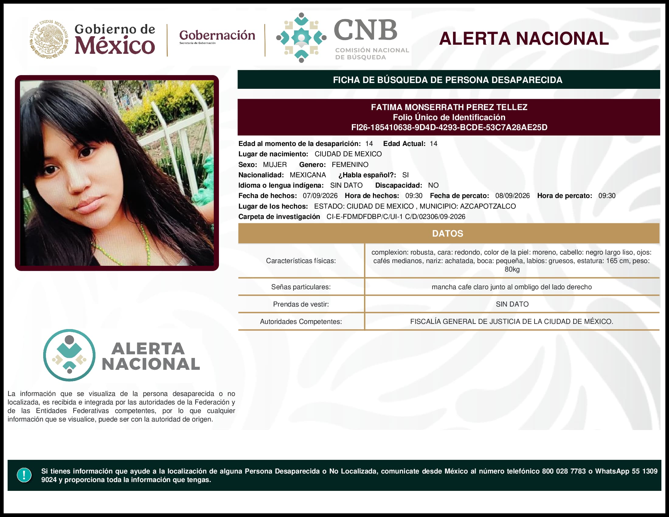 Persona desaparecida Fatima Monserrath Perez Tellez