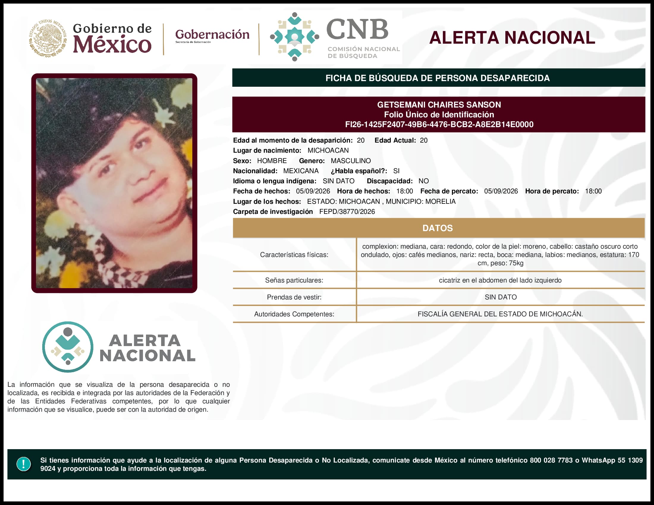 Persona desaparecida Getsemani Chaires Sanson