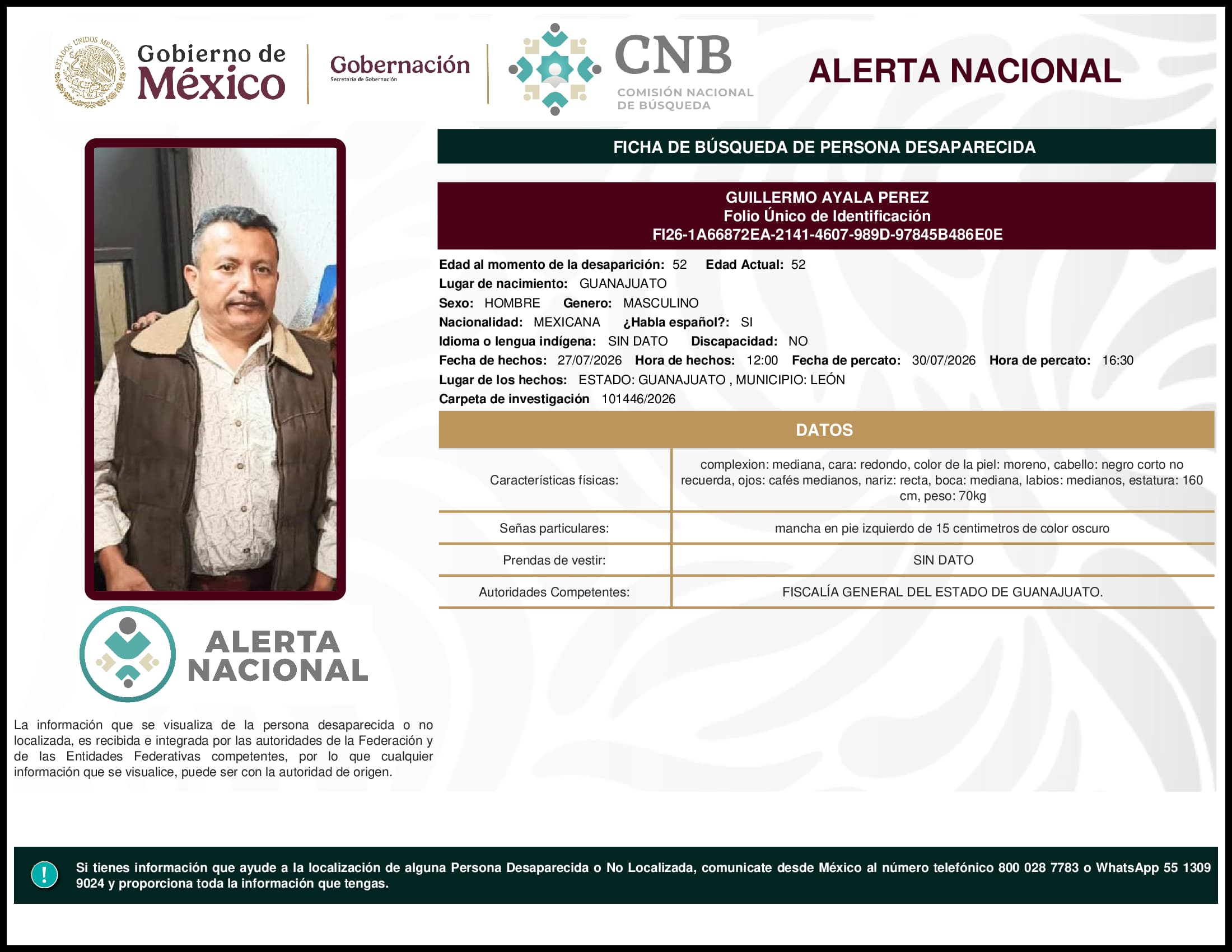 Persona desaparecida Guillermo Ayala Perez
