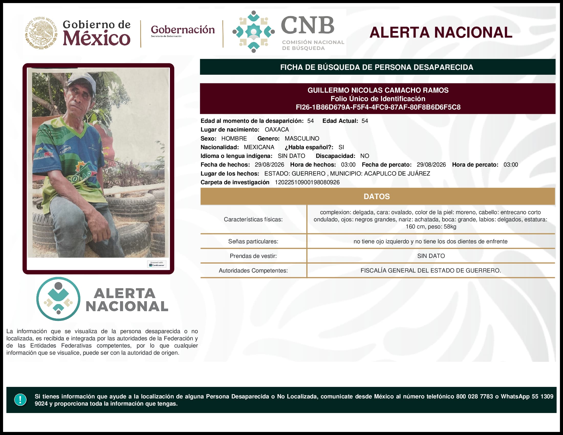 Persona desaparecida Guillermo Nicolas Camacho Ramos