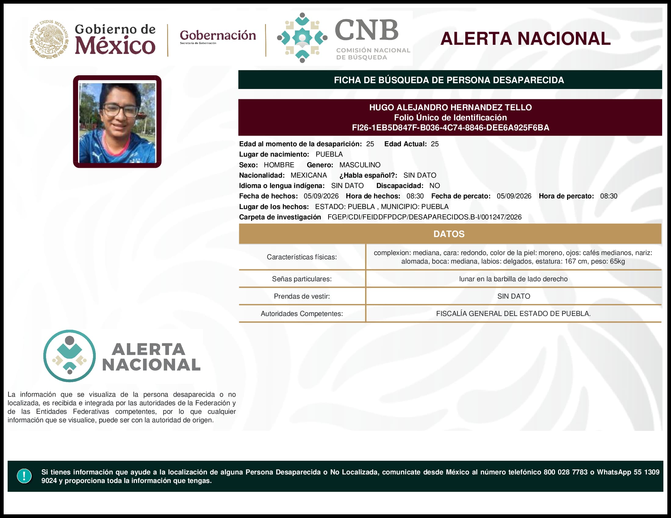 Persona desaparecida Hugo Alejandro Hernandez Tello