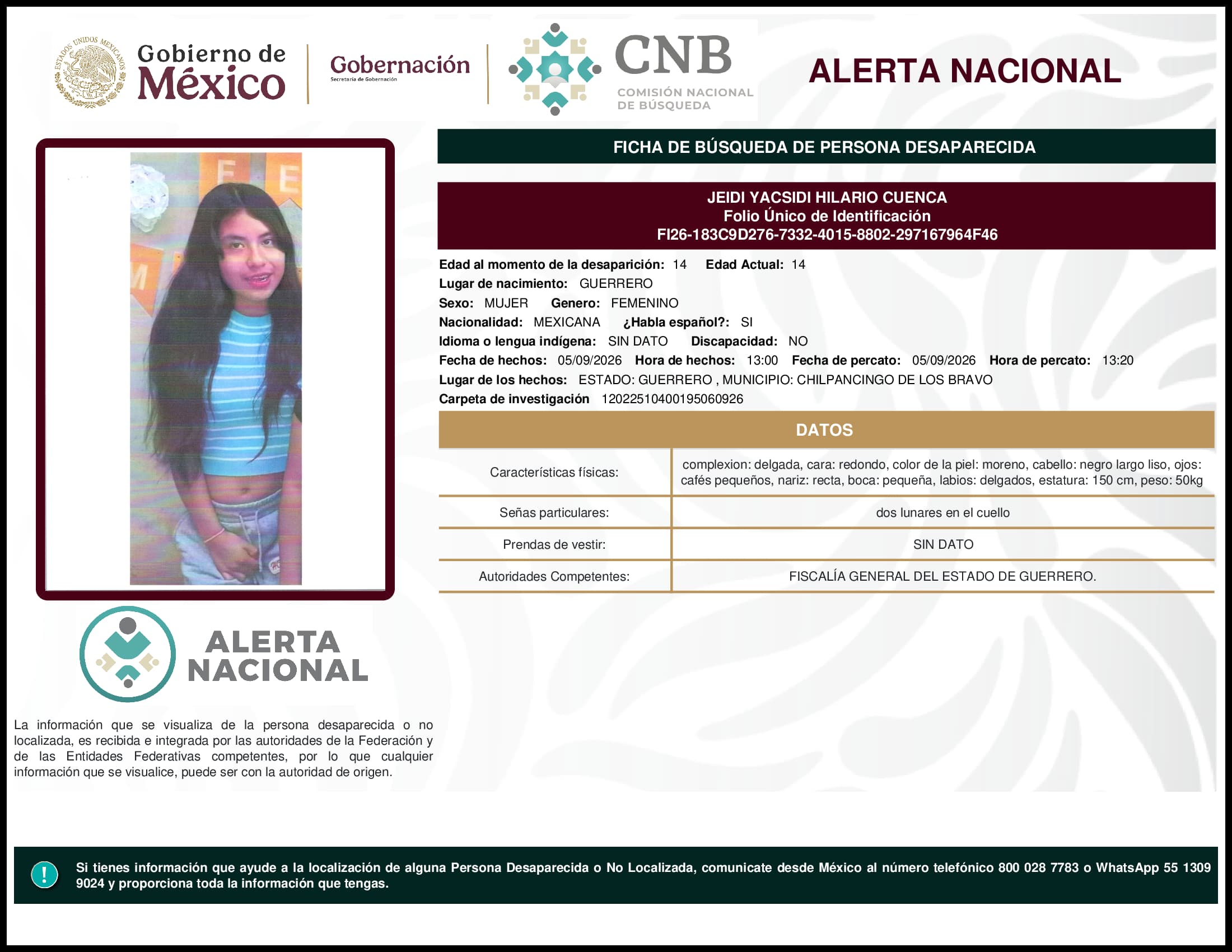 Persona desaparecida Jeidi Yacsidi Hilario Cuenca