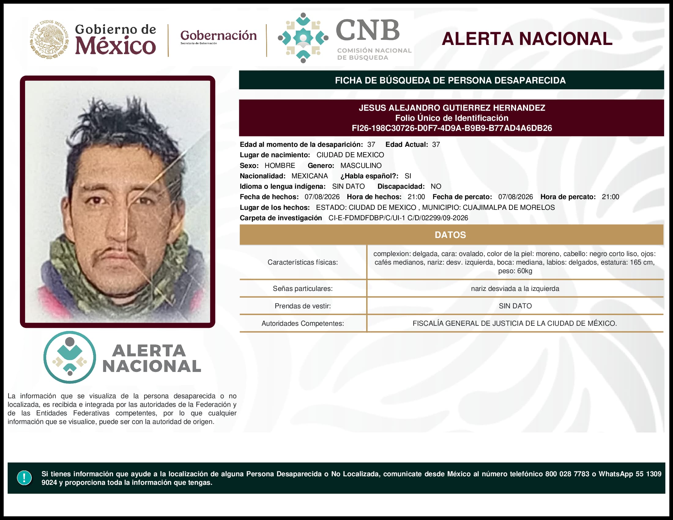 Persona desaparecida Jesus Alejandro Gutierrez Hernandez
