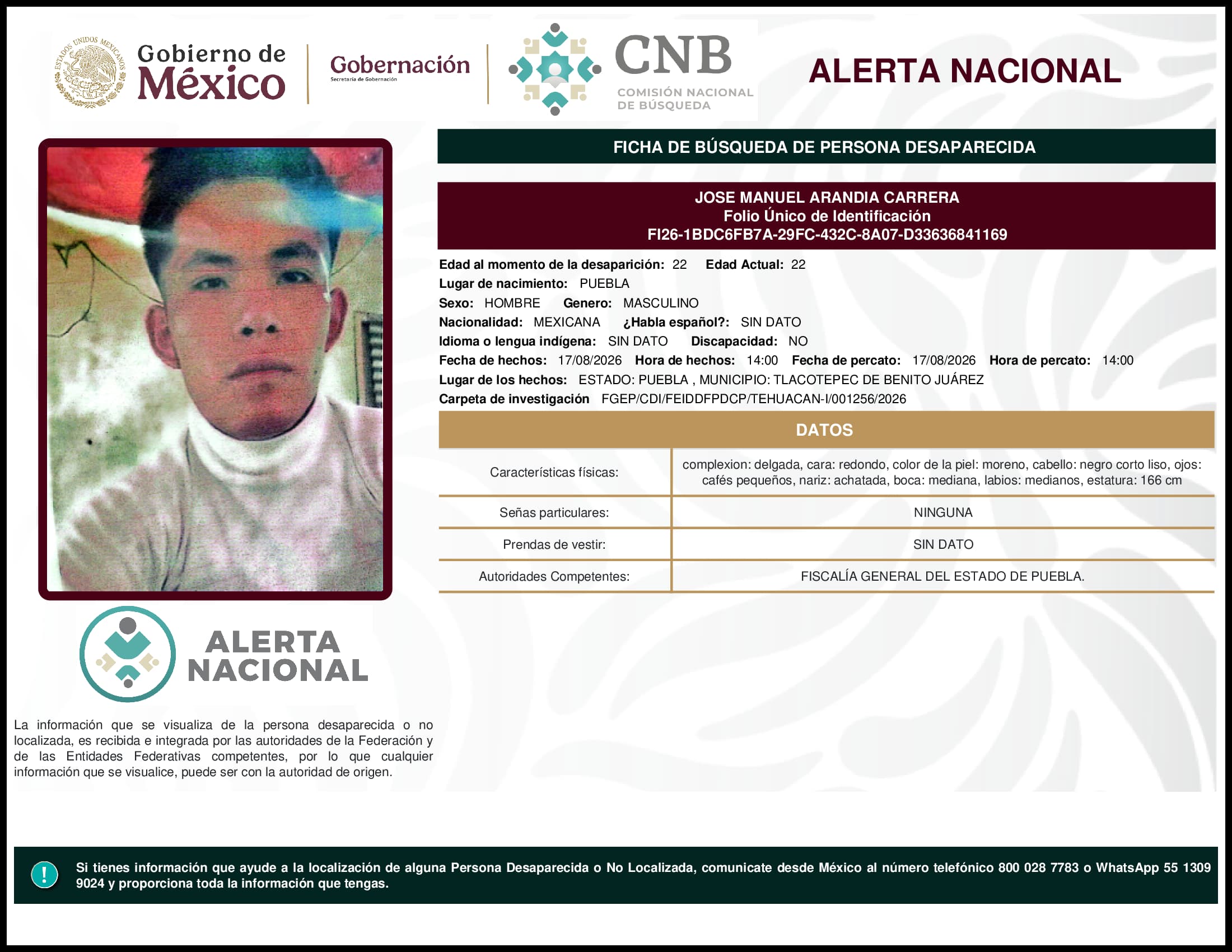 Persona desaparecida Jose Manuel Arandia Carrera